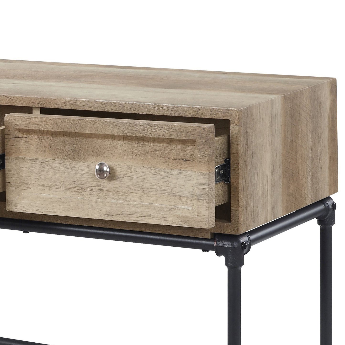 Rustic oak console table with one open drawer revealing silver knob