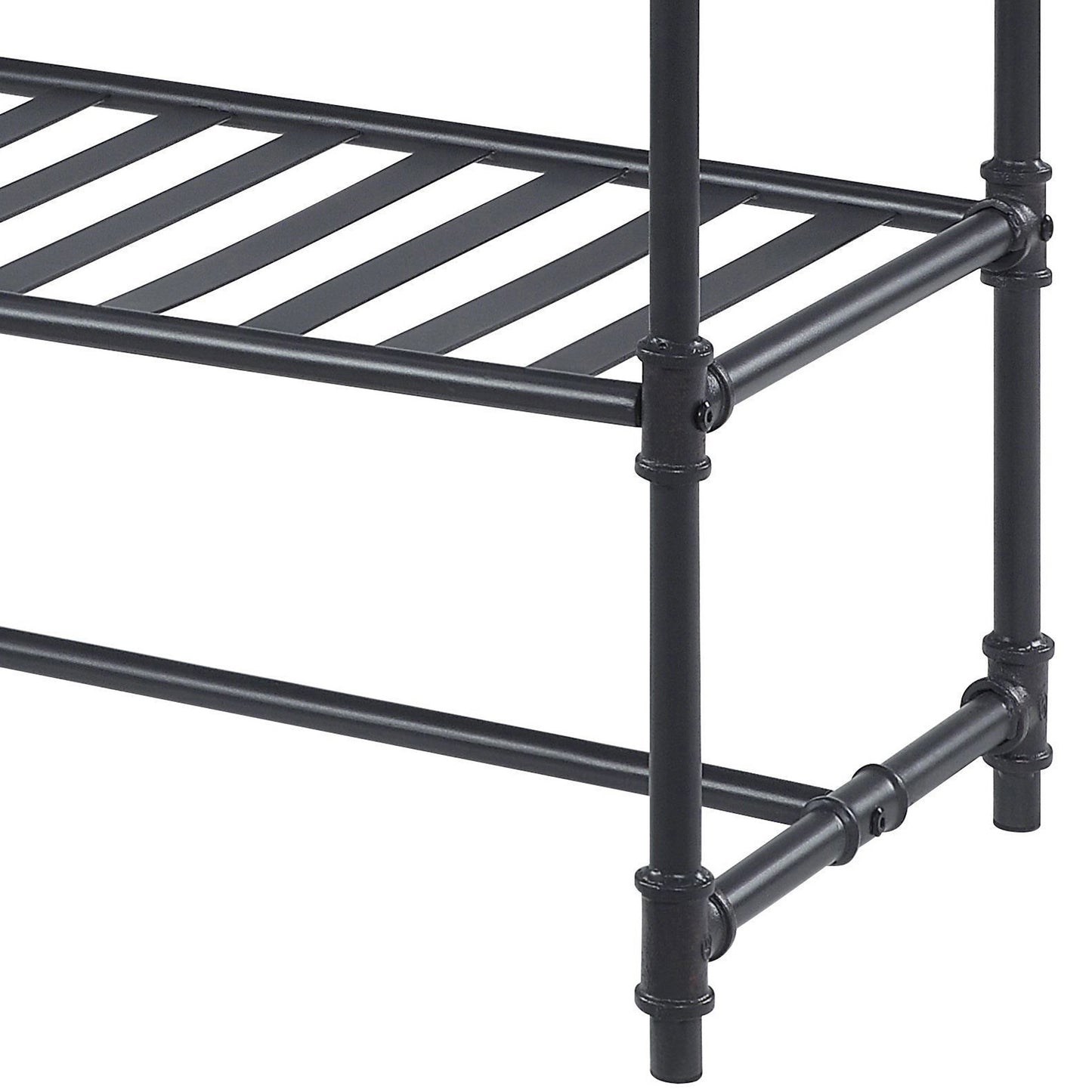 Industrialstyle black metal pipe shelving unit with two tiers of slatted shelves