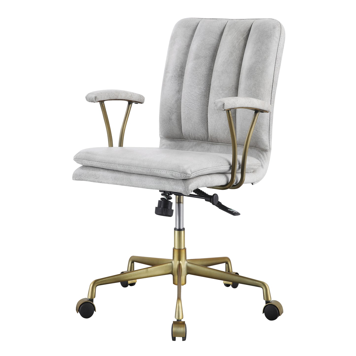 Light gray upholstered office chair with vertical channel stitching and brass accents
