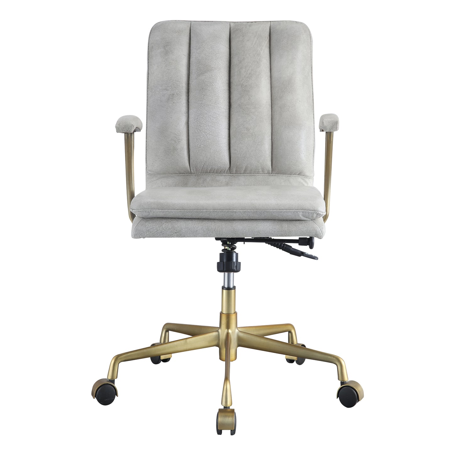 Light gray tufted office chair with brass accents and wheels