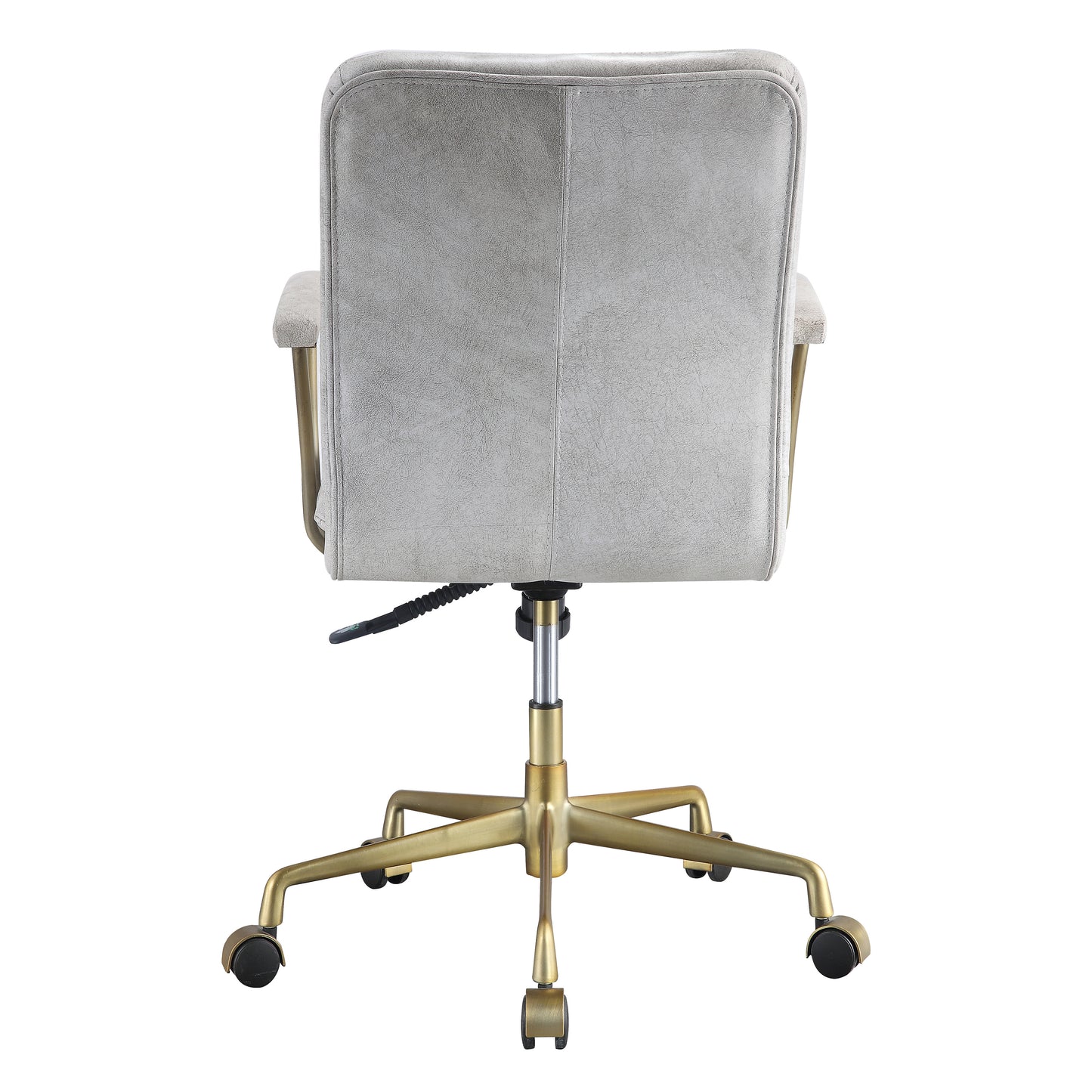 Gray upholstered desk chair with gold base and casters tufted back