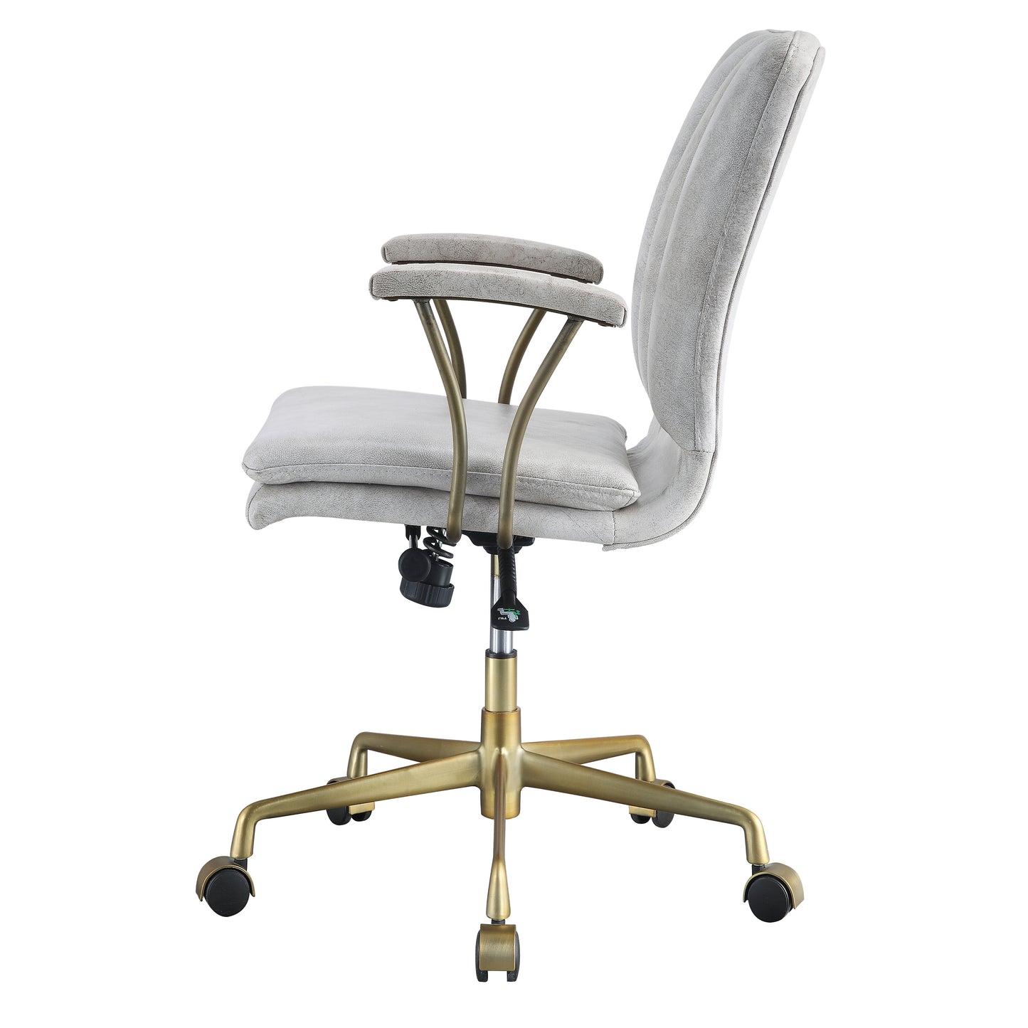 Light gray tufted fabric office chair with brass base and wheels