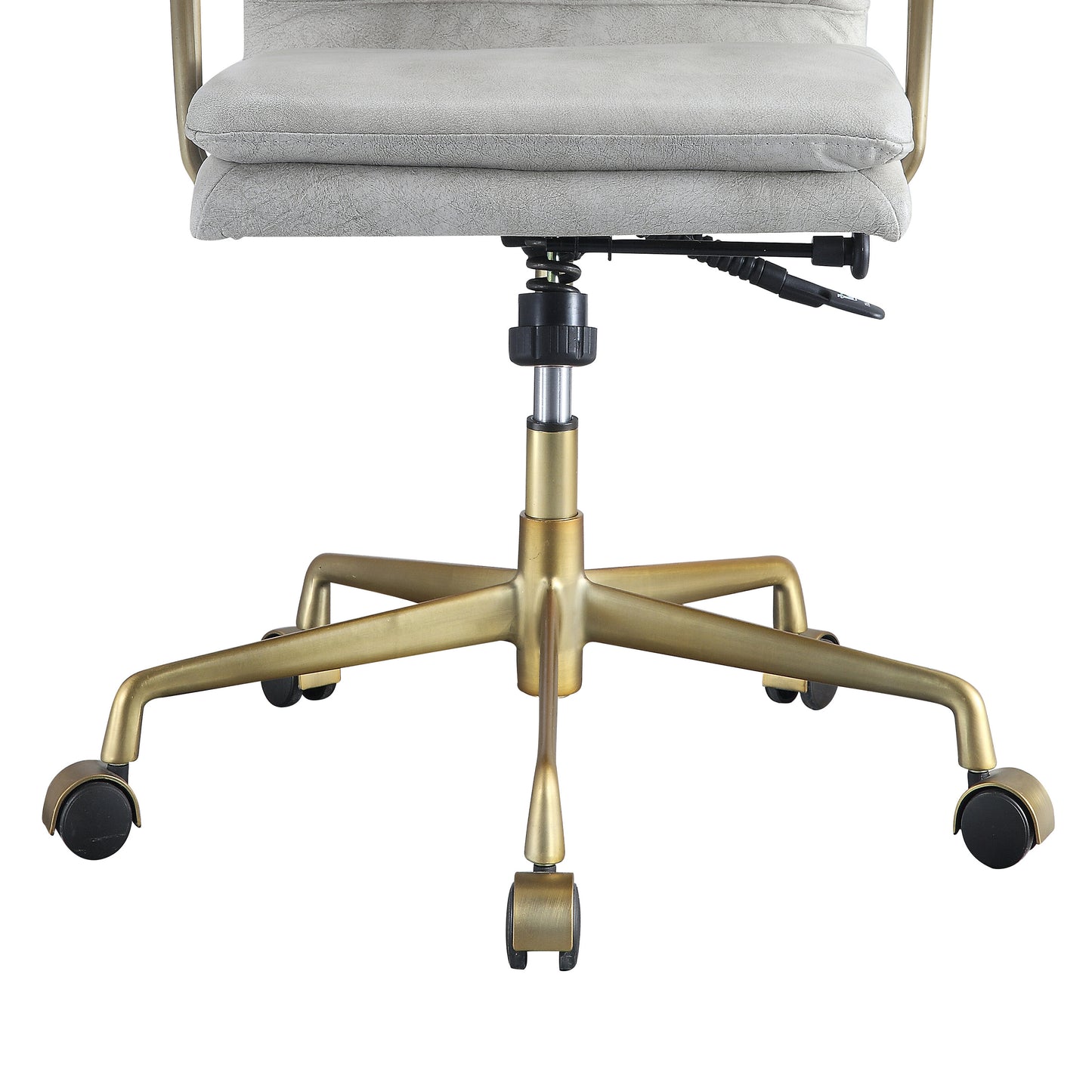 Modern office chair with plush gray faux leather seat and gold base with casters