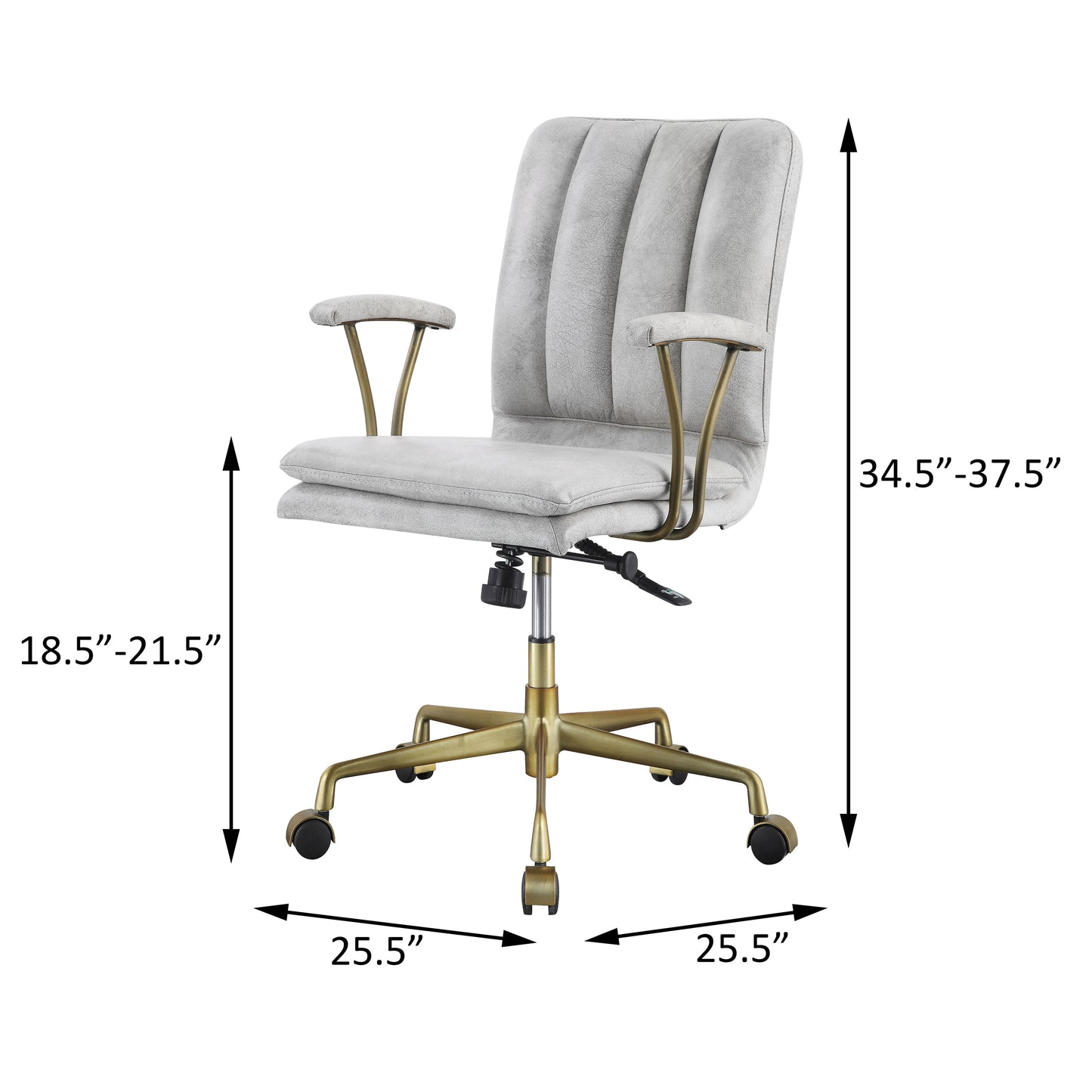 Light gray tufted executive chair with brushed gold accents and wheels