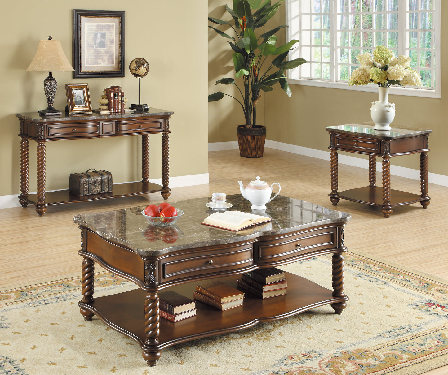 Ornate carved wood coffee table with marble top and decorative legs