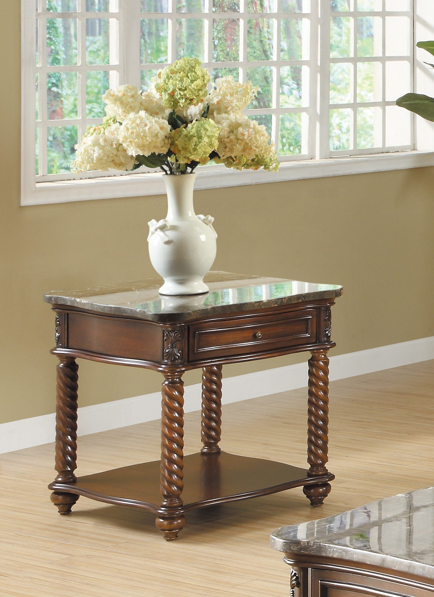 Ornate wooden end table with marble top and twisted legs perfect for living rooms