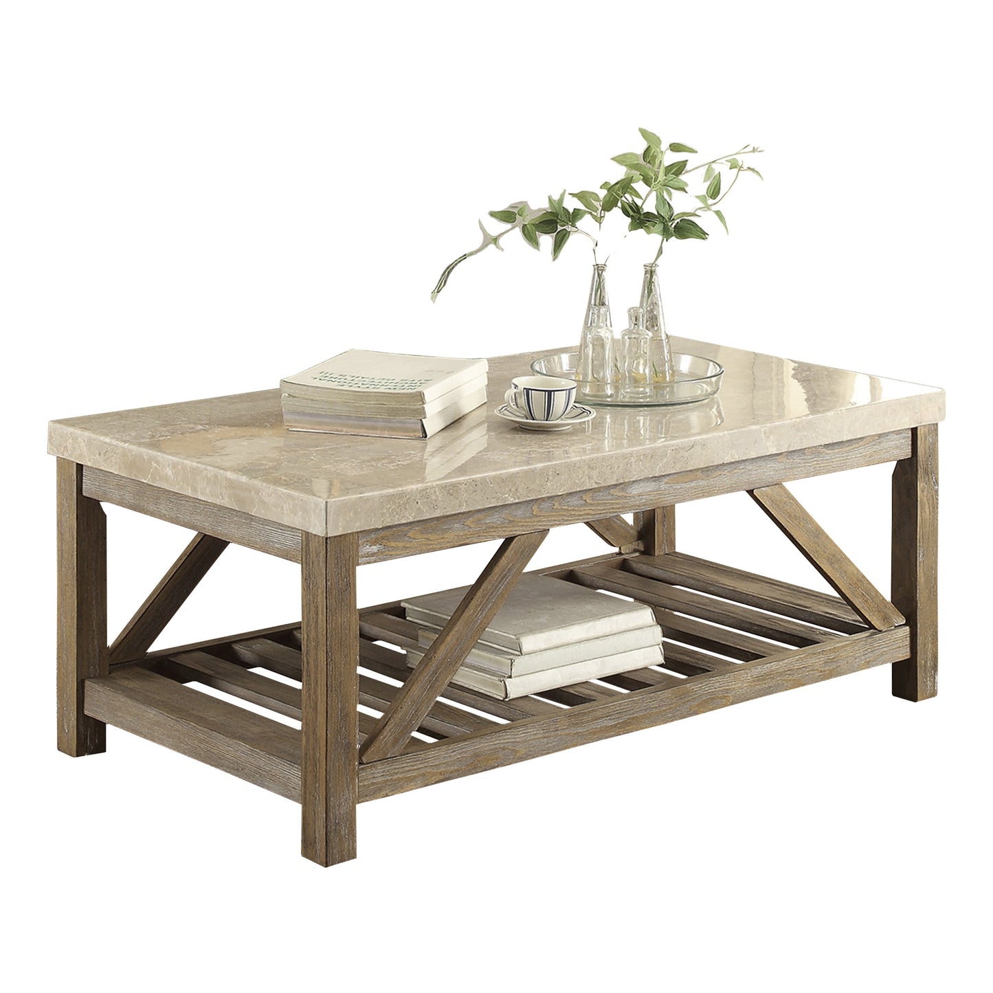 Rustic wooden coffee table with a polished stone top and lower shelf