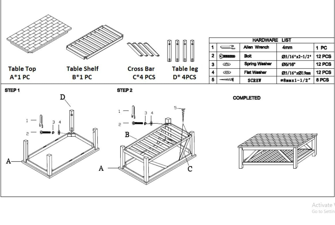 Diagram showing components for assembling a coffee table including tabletop and shelf