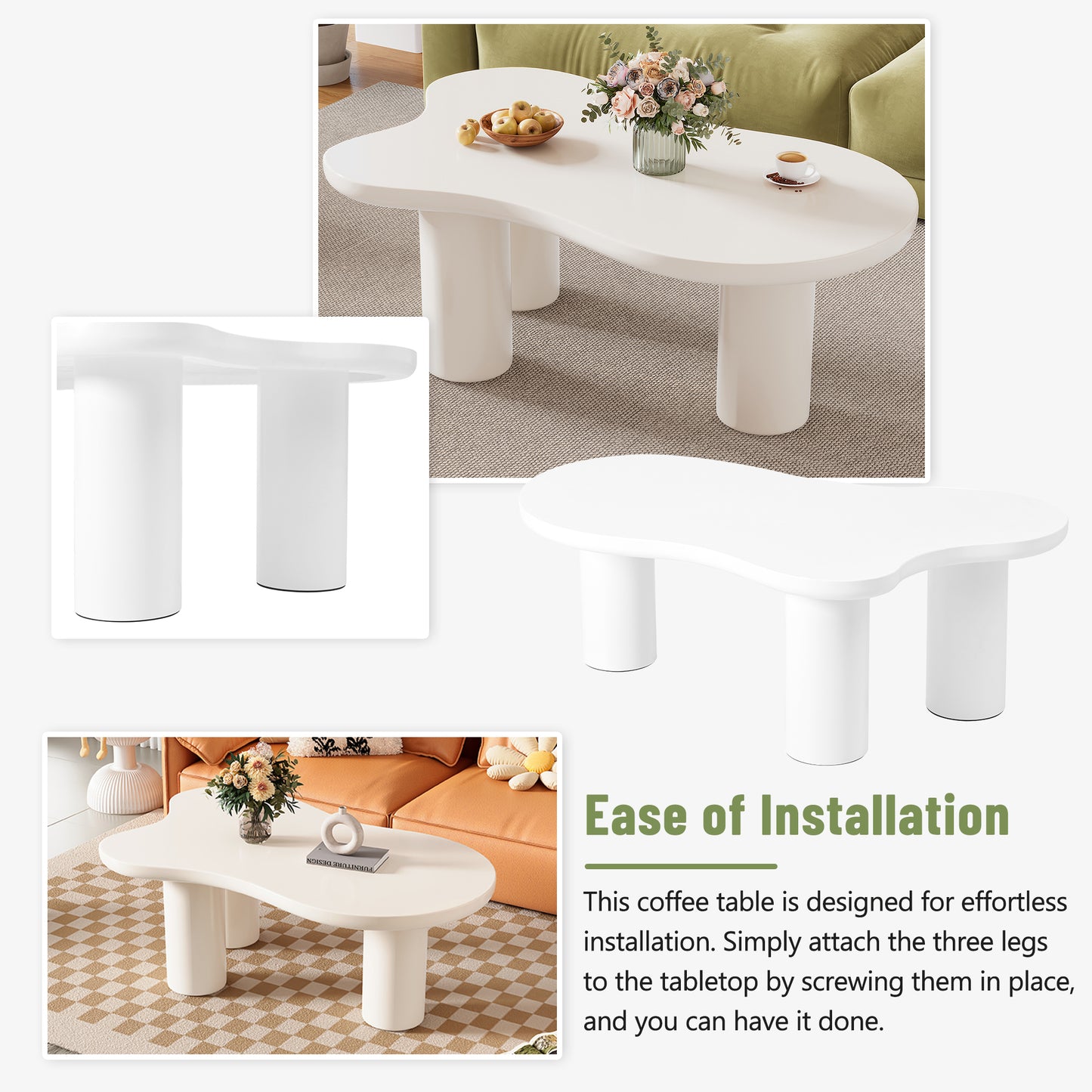 White organic shaped coffee table with cylindrical legs