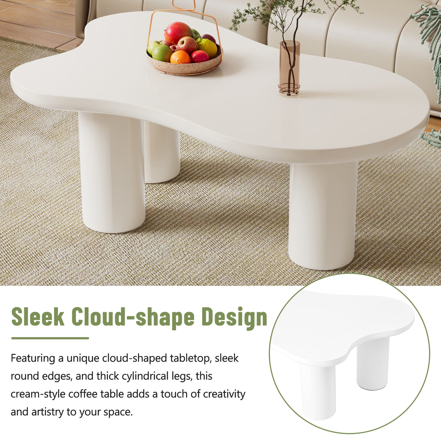 Cream cloudshaped coffee table with cylindrical legs