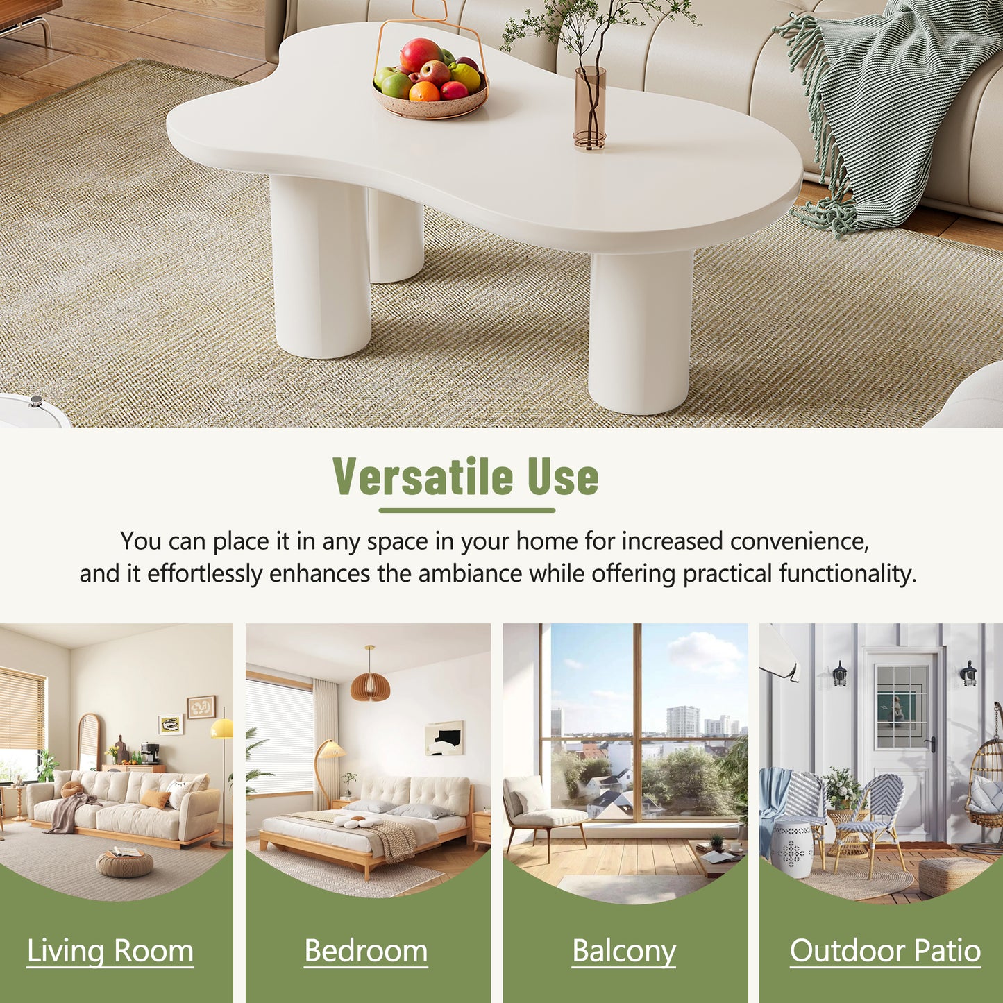Curvy white coffee table with fruit bowl and vase on a textured rug