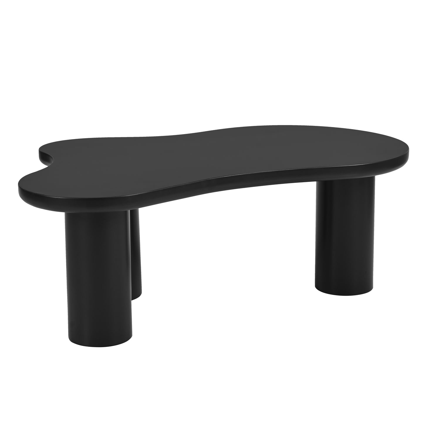 Black beanshaped coffee table with rounded edges and cylindrical legs