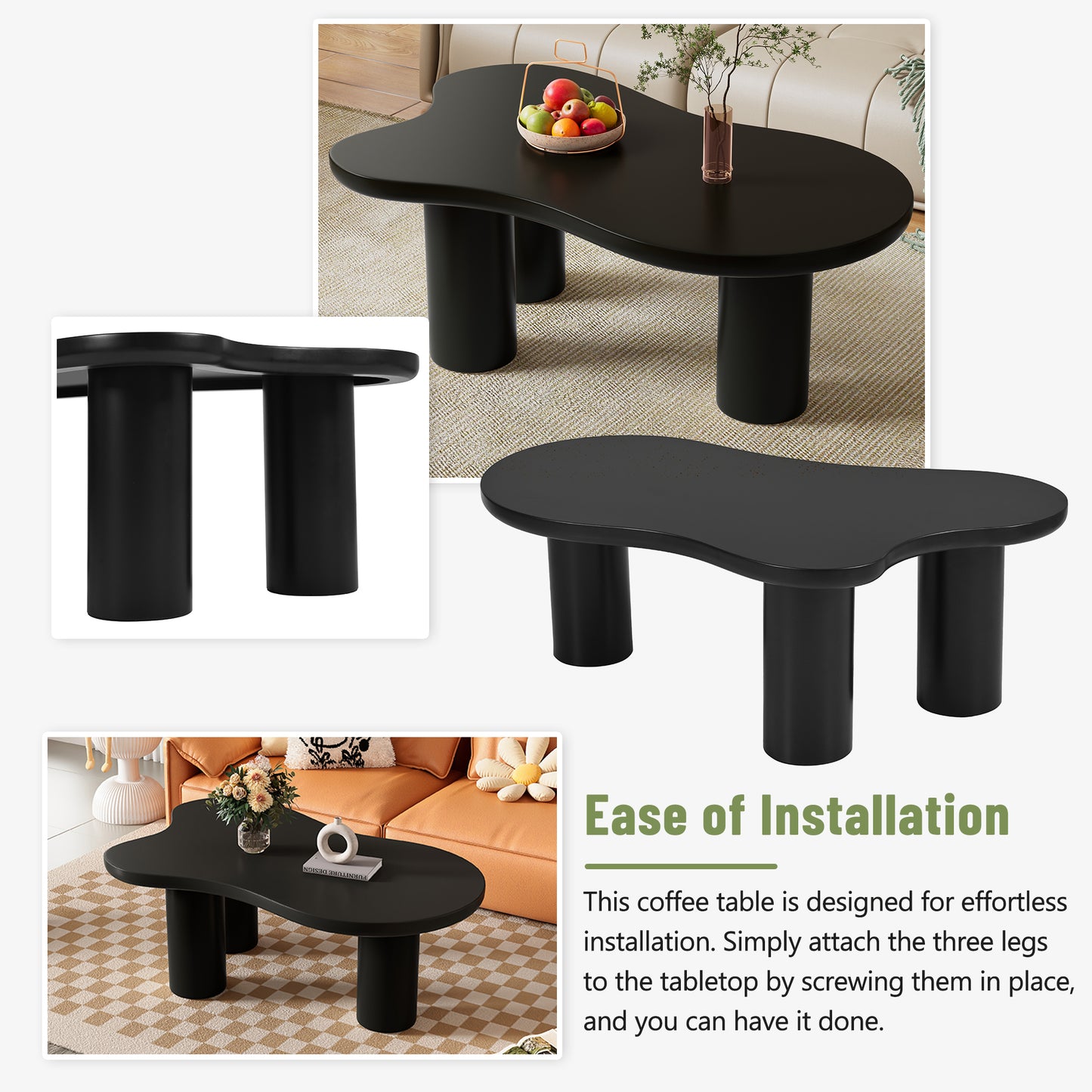 Black abstract coffee table with chunky cylindrical legs