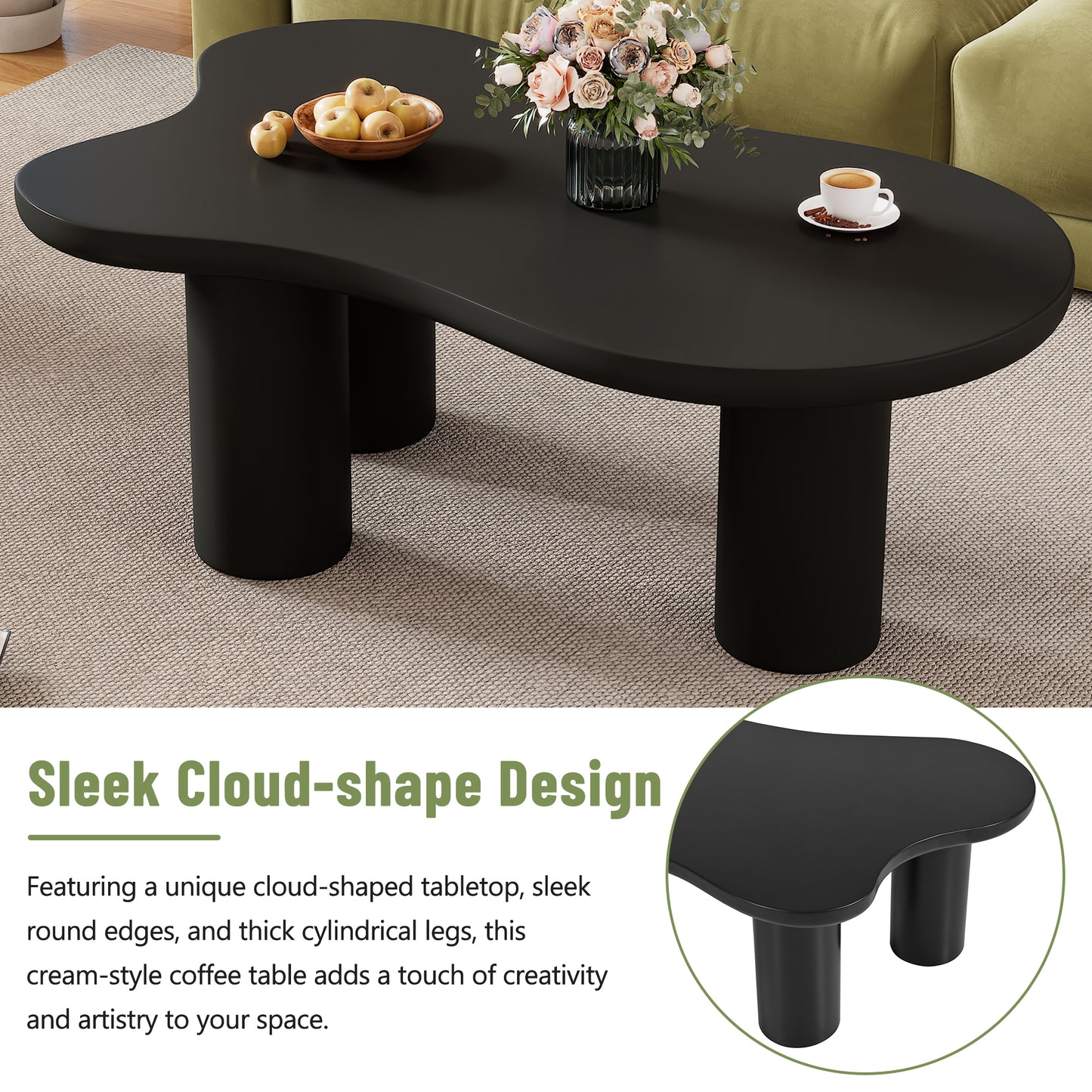 Black cloudshaped coffee table with smooth rounded edges and four thick cylindrical legs