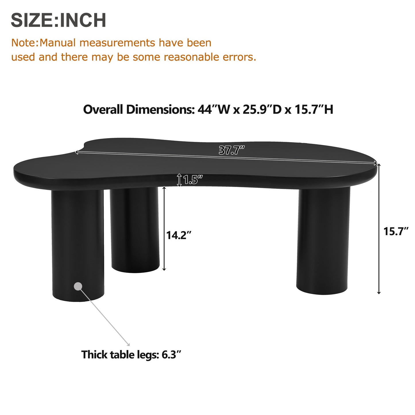 Black modern coffee table with unique curved top and thick cylindrical legs W x D x H