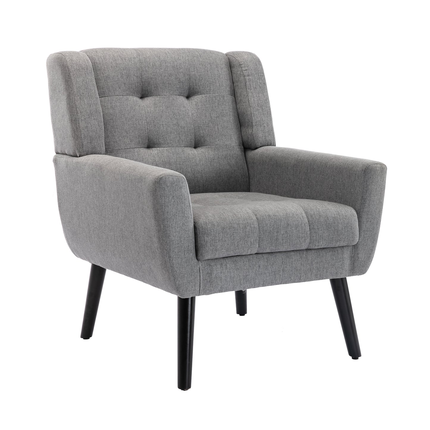 Tufted grey fabric accent chair with dark tapered legs