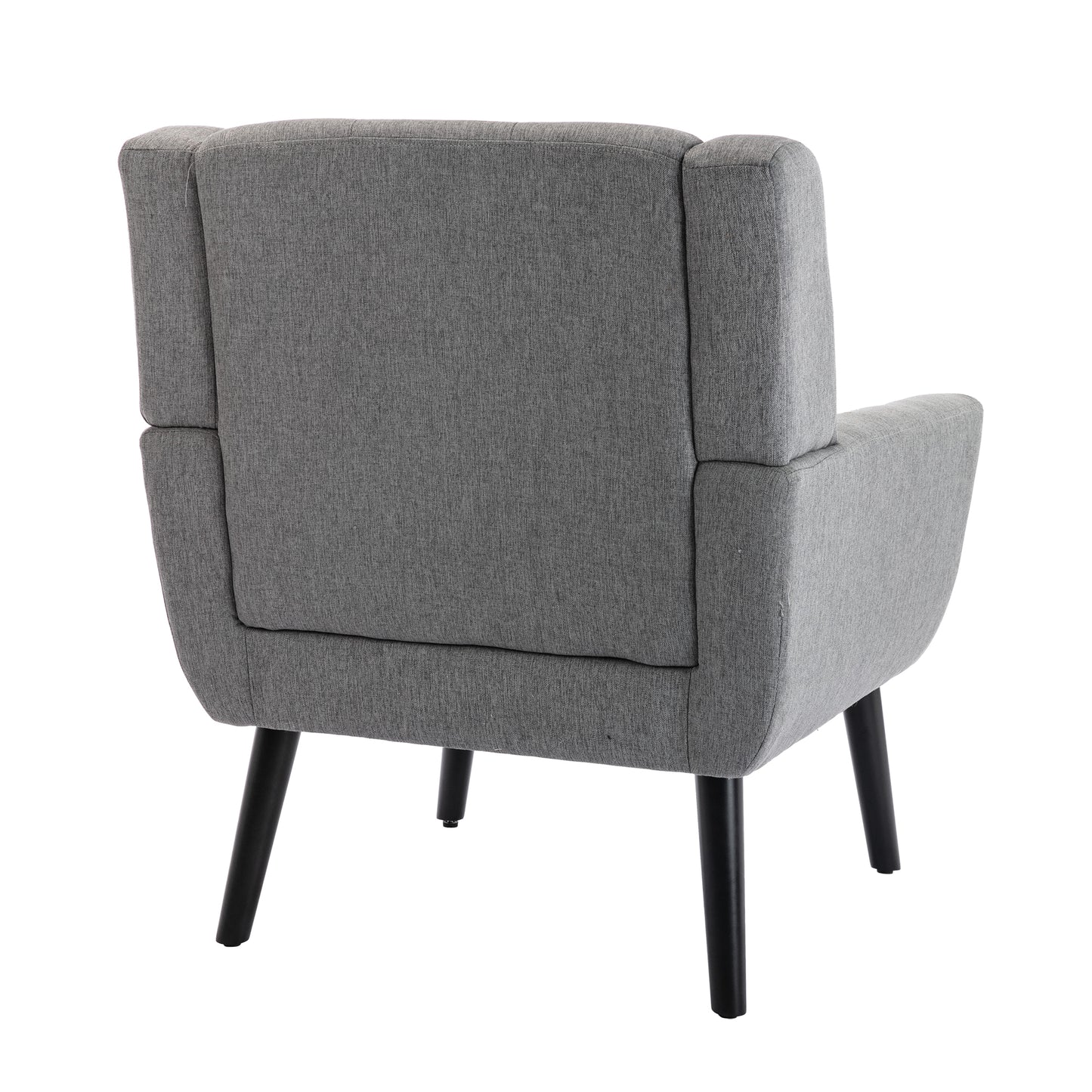 Back view of a grey fabric accent chair with tapered black legs