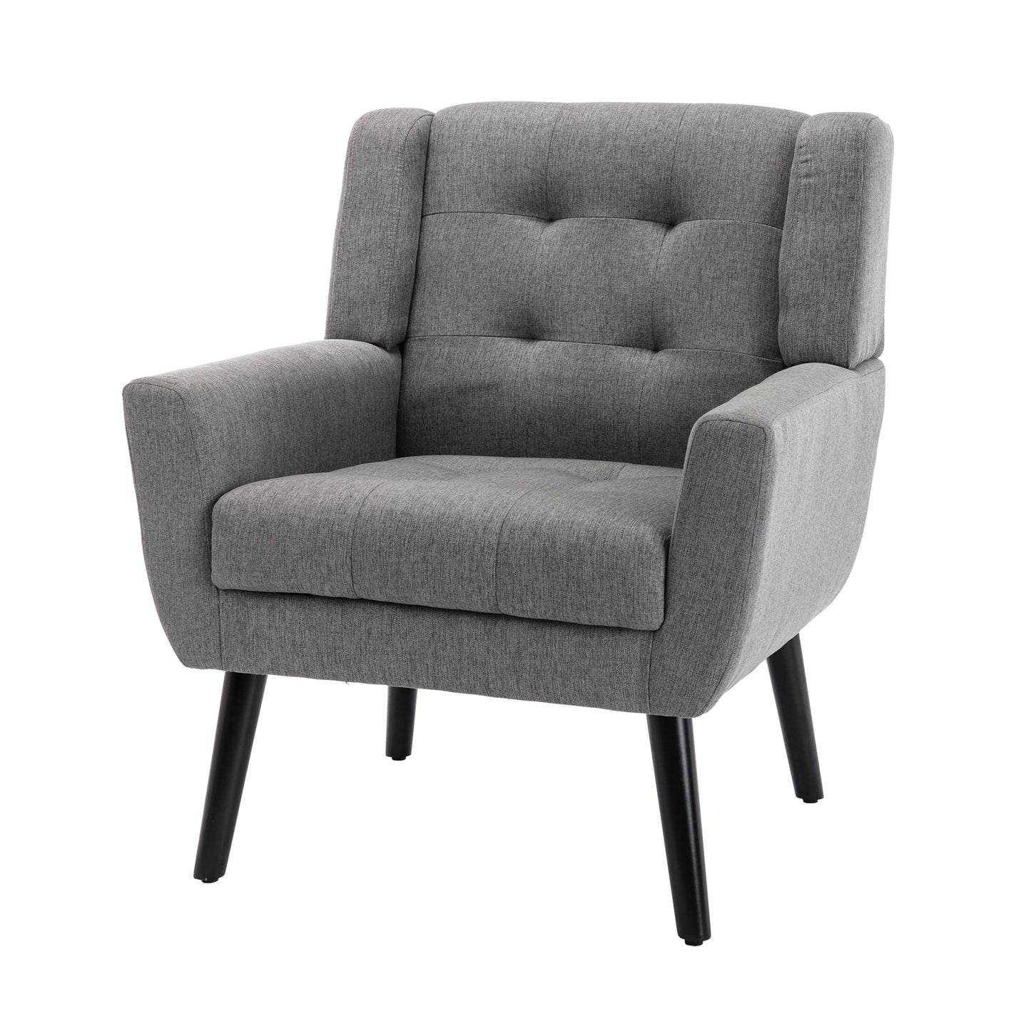 Tufted grey fabric armchair with tapered black legs ideal accent chair for any room