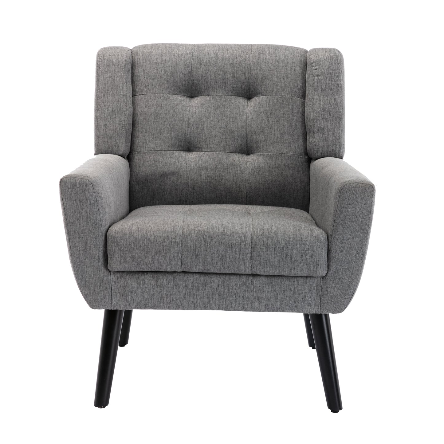 Tufted grey fabric armchair with black tapered legs