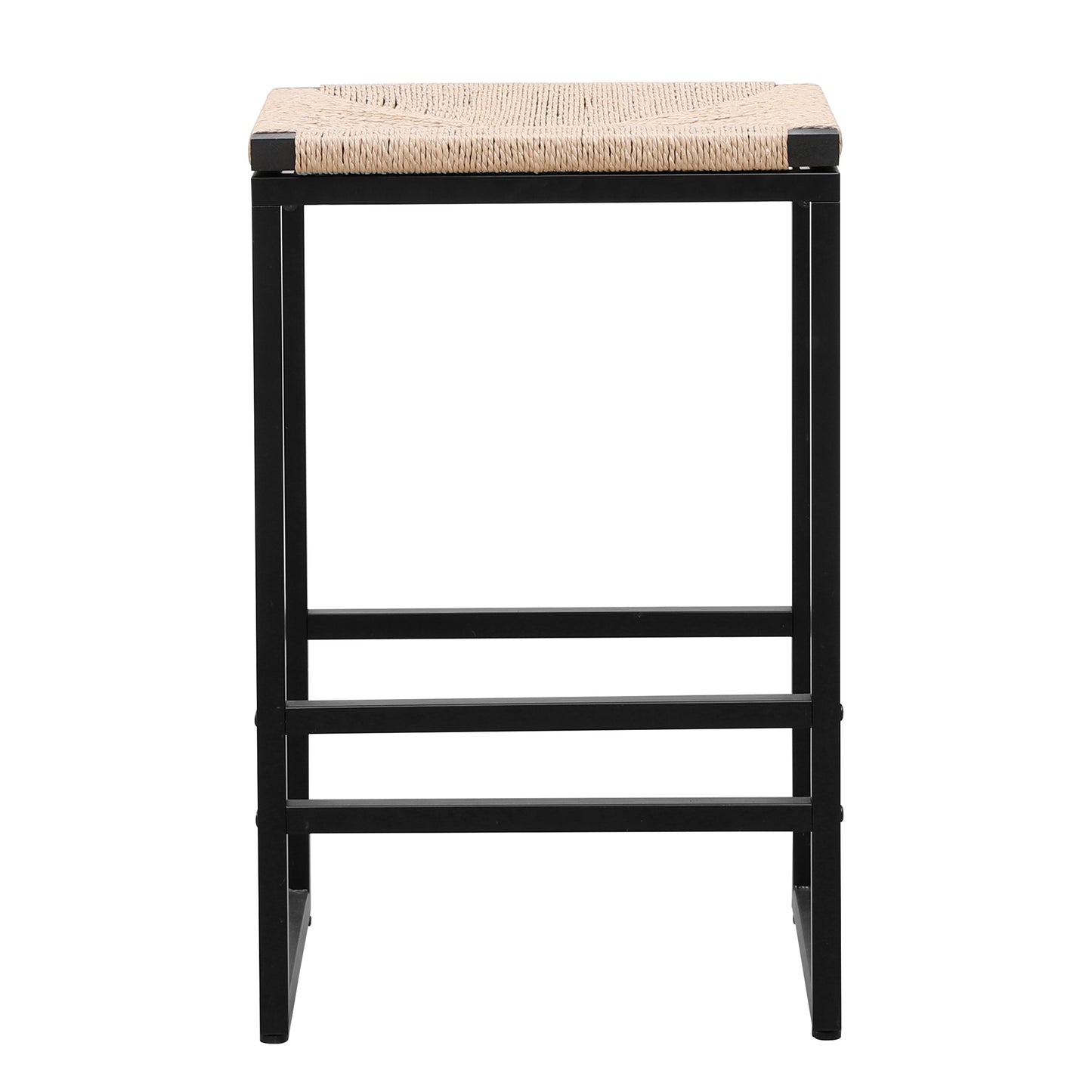 Black metal counter stool with natural woven rope seat
