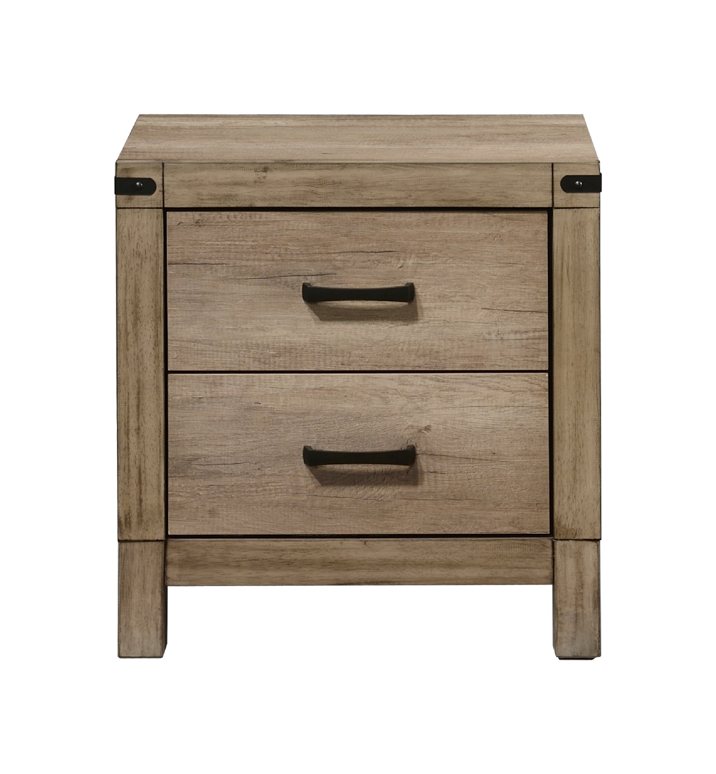 Rustic oak finish twodrawer nightstand with black hardware perfect for bedroom storage
