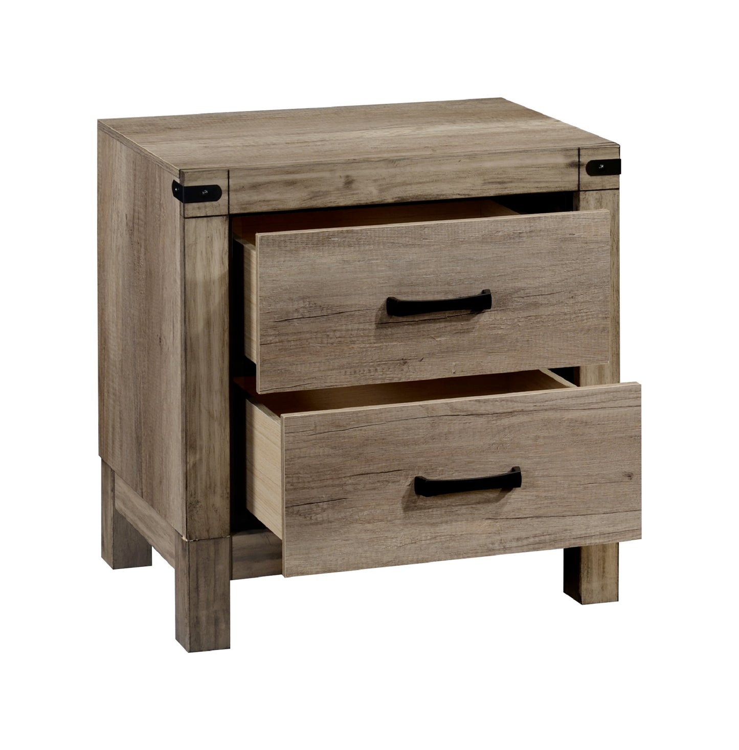 Rustic oak twodrawer nightstand with black metal hardware
