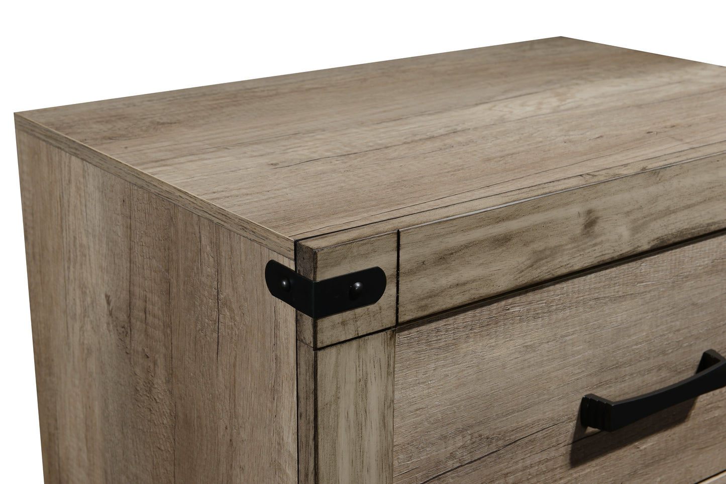 Rustic wood dresser with black metal corner accents and drawer pulls