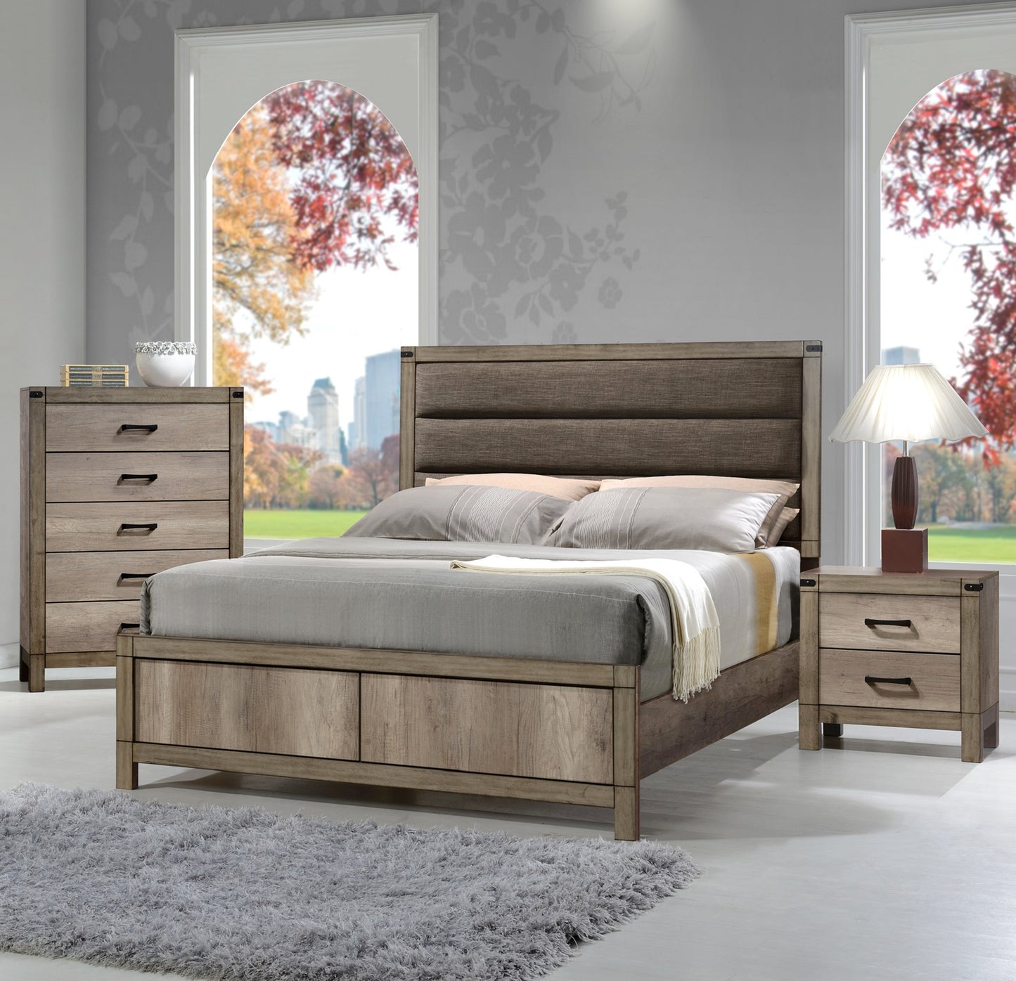 Rustic wood and upholstered headboard queen bed set with nightstand and dresser