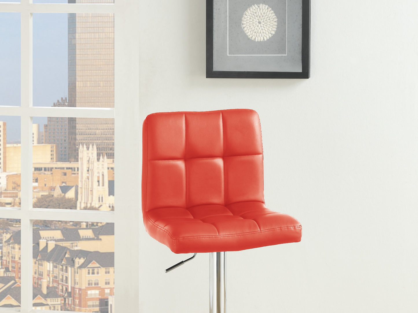 Red tufted faux leather bar stool with chrome base perfect for modern kitchens