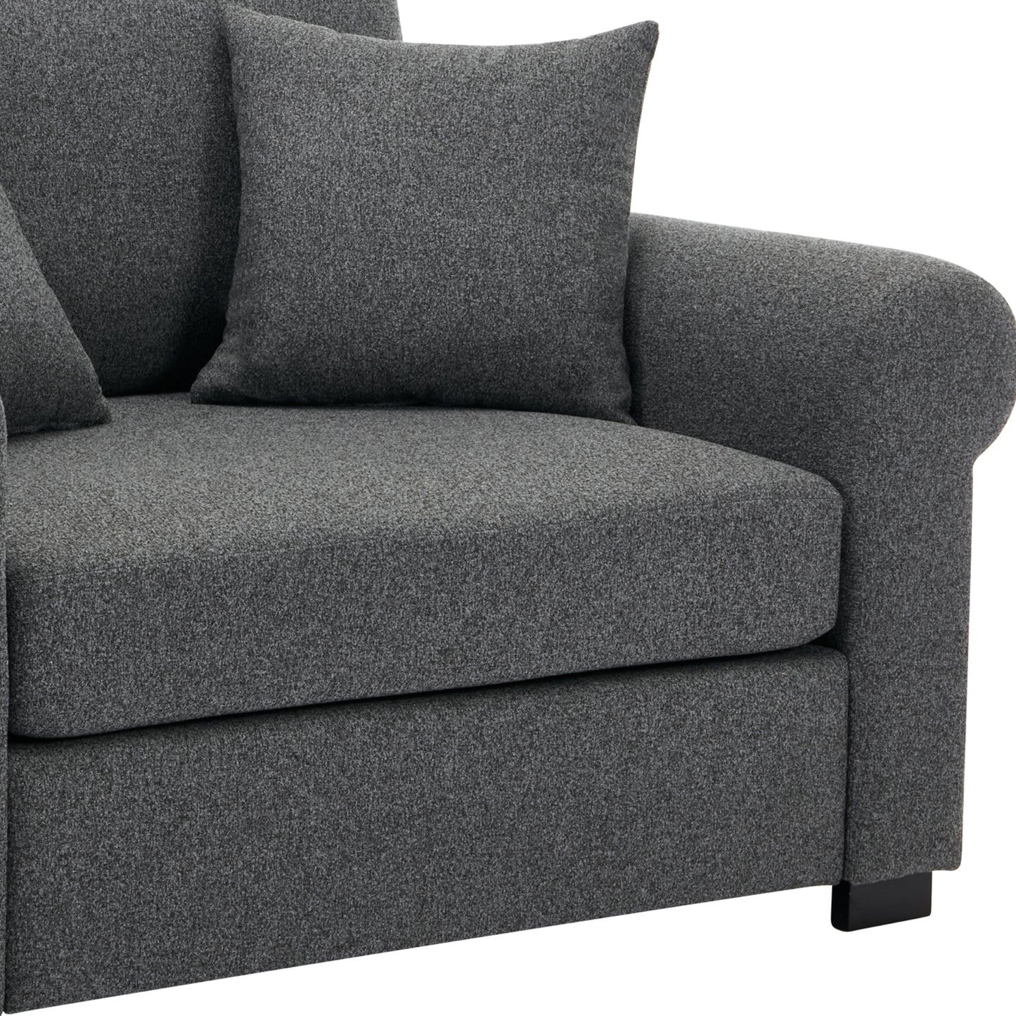 Modern charcoal gray upholstered sofa with plush cushions and sleek black legs