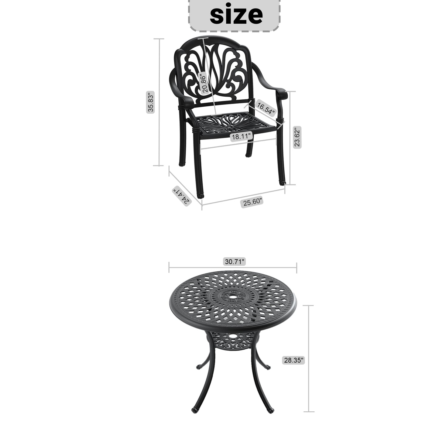 Black cast aluminum patio chair with ornate backrest design and scrolled arms