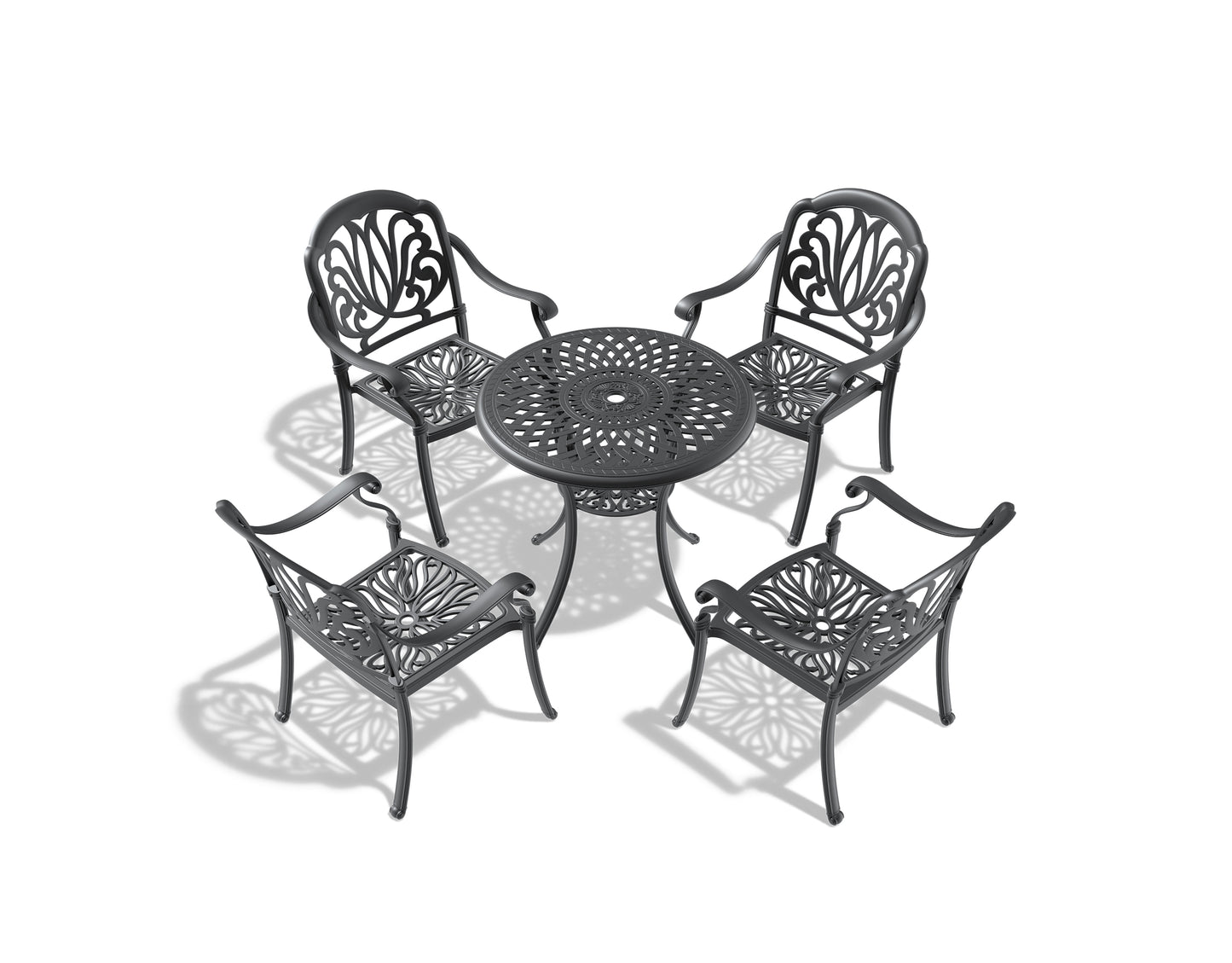 Black cast iron bistro set with ornate floral design perfect for patio dining