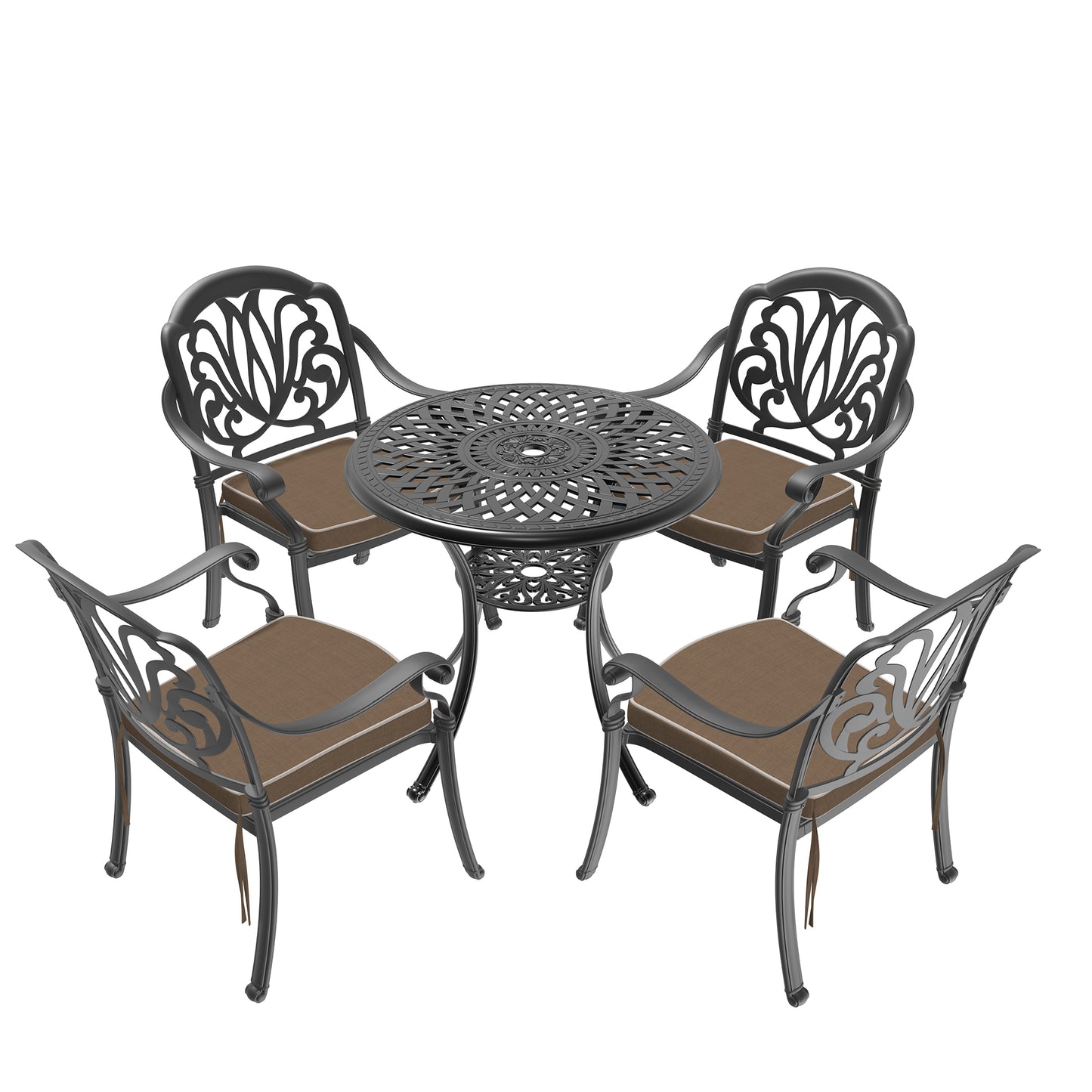 Ornate black cast iron bistro set with four chairs and round table
