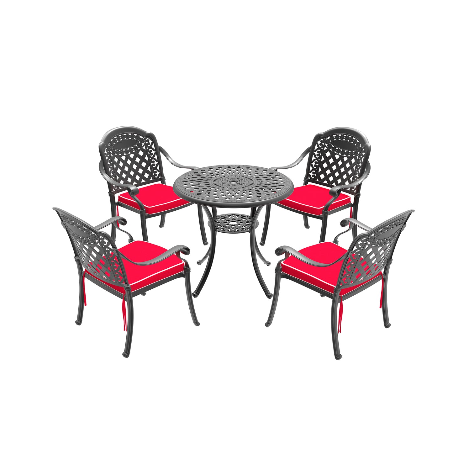 Ornate cast iron bistro set with four chairs and red cushions for outdoor dining
