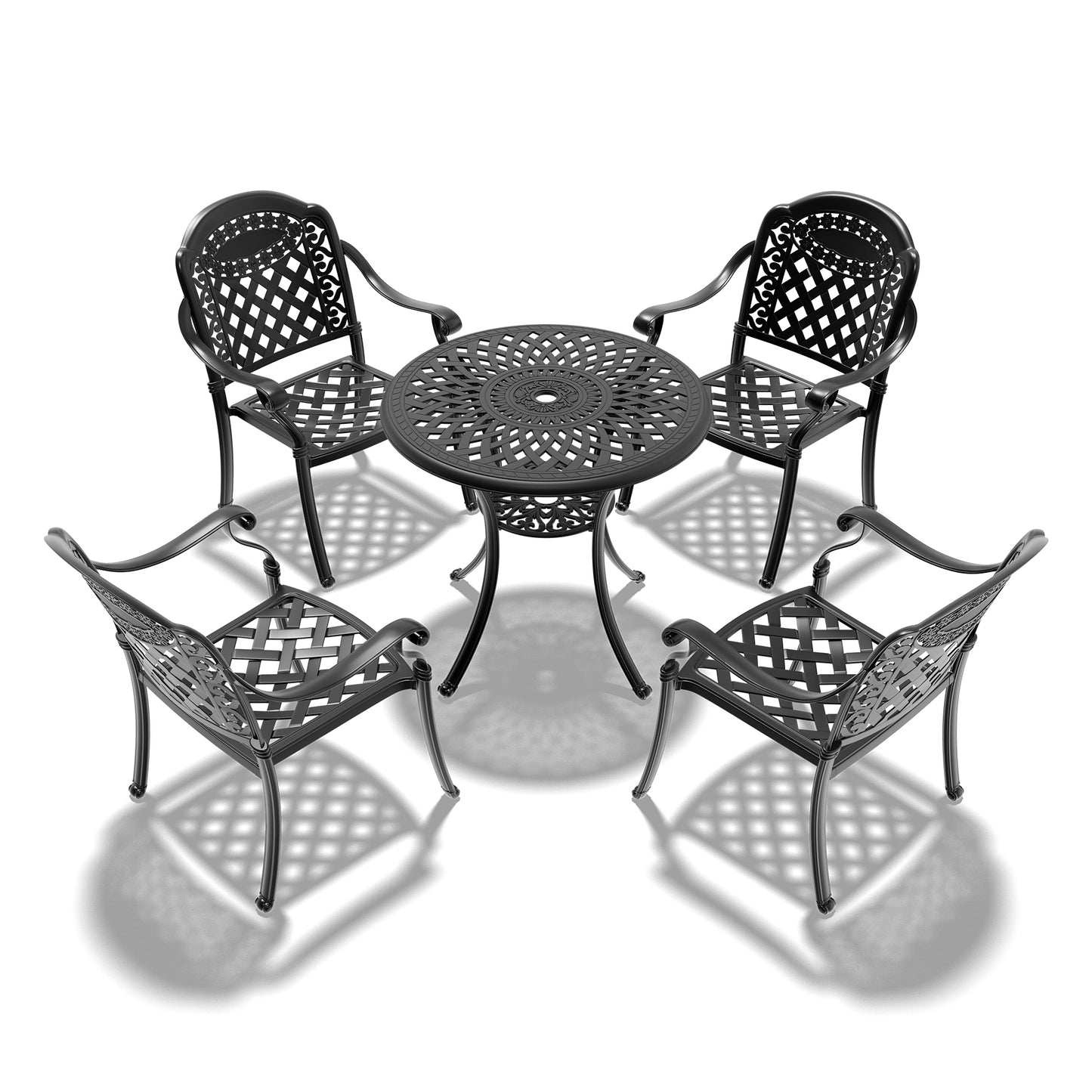 Black ornate cast aluminum patio dining set with circular table and four chairs