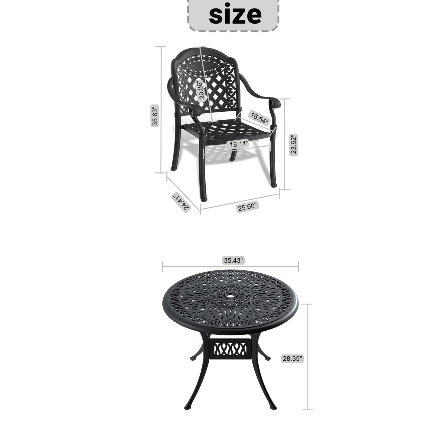 Black ornate cast aluminum outdoor dining chair dimensions H x W