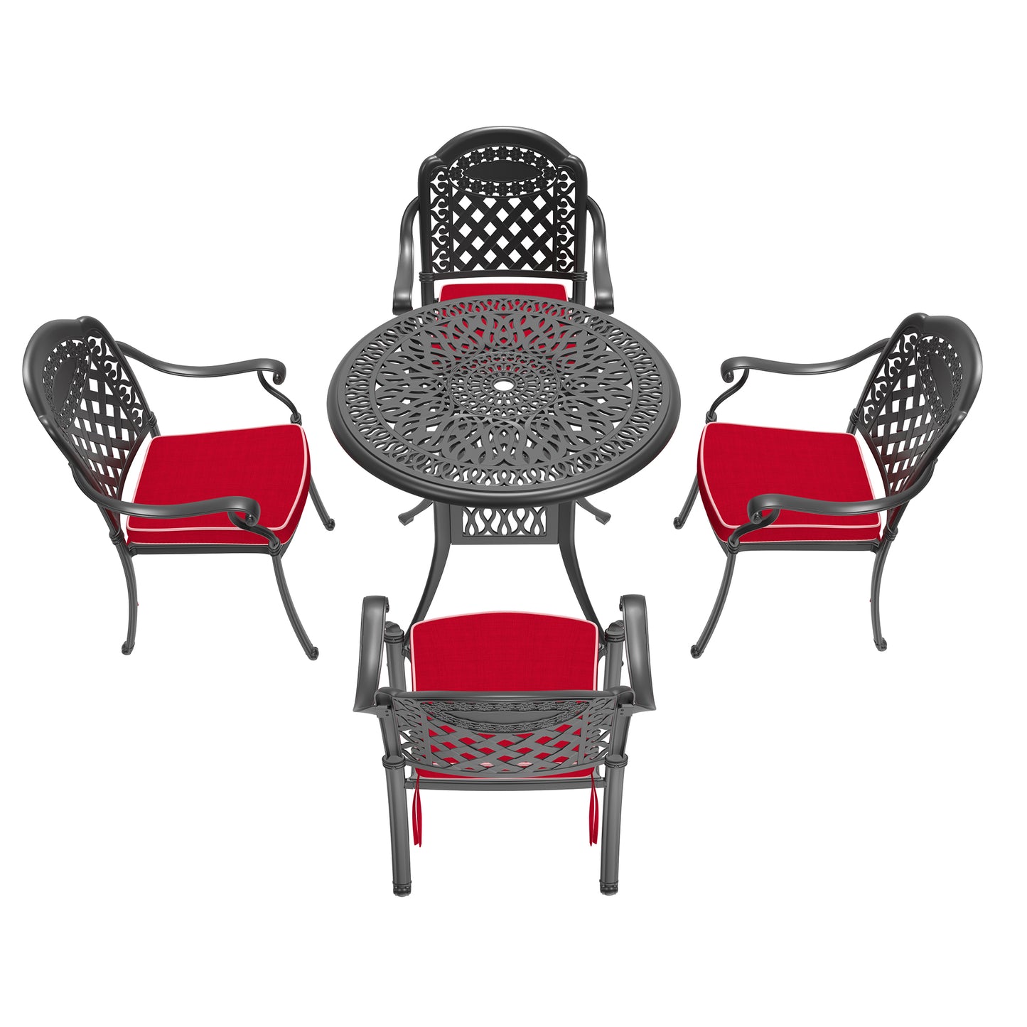 Cast iron bistro set with ornate detailing and red cushions