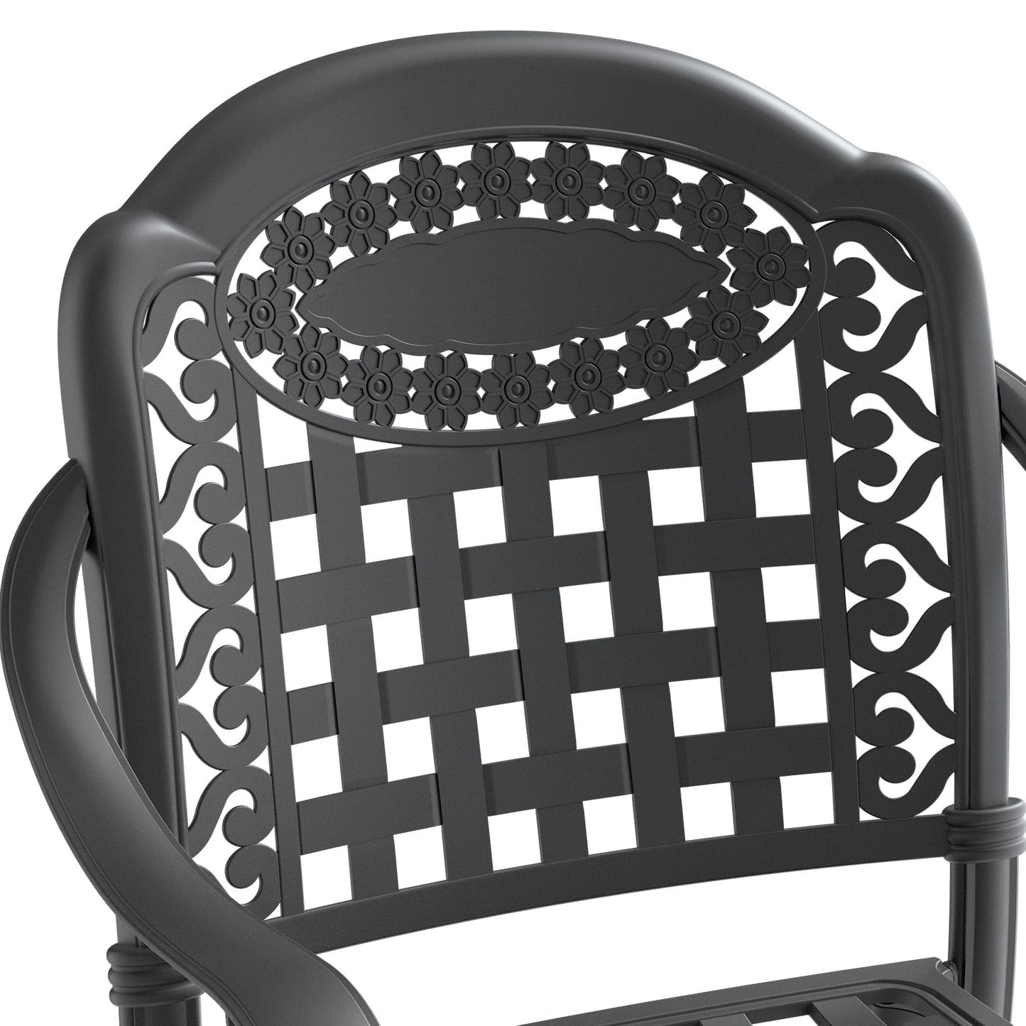 Black cast aluminum patio chair with woven seat and floral back detail