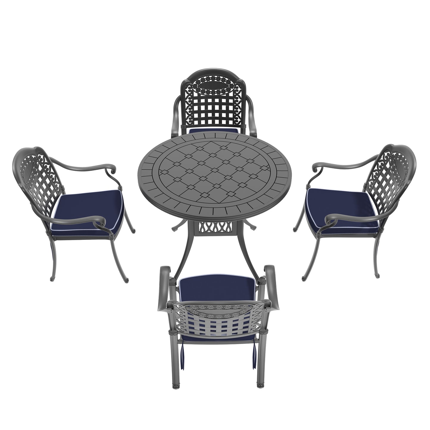Ornate grey metal patio dining set with navy cushions includes round table and four chairs