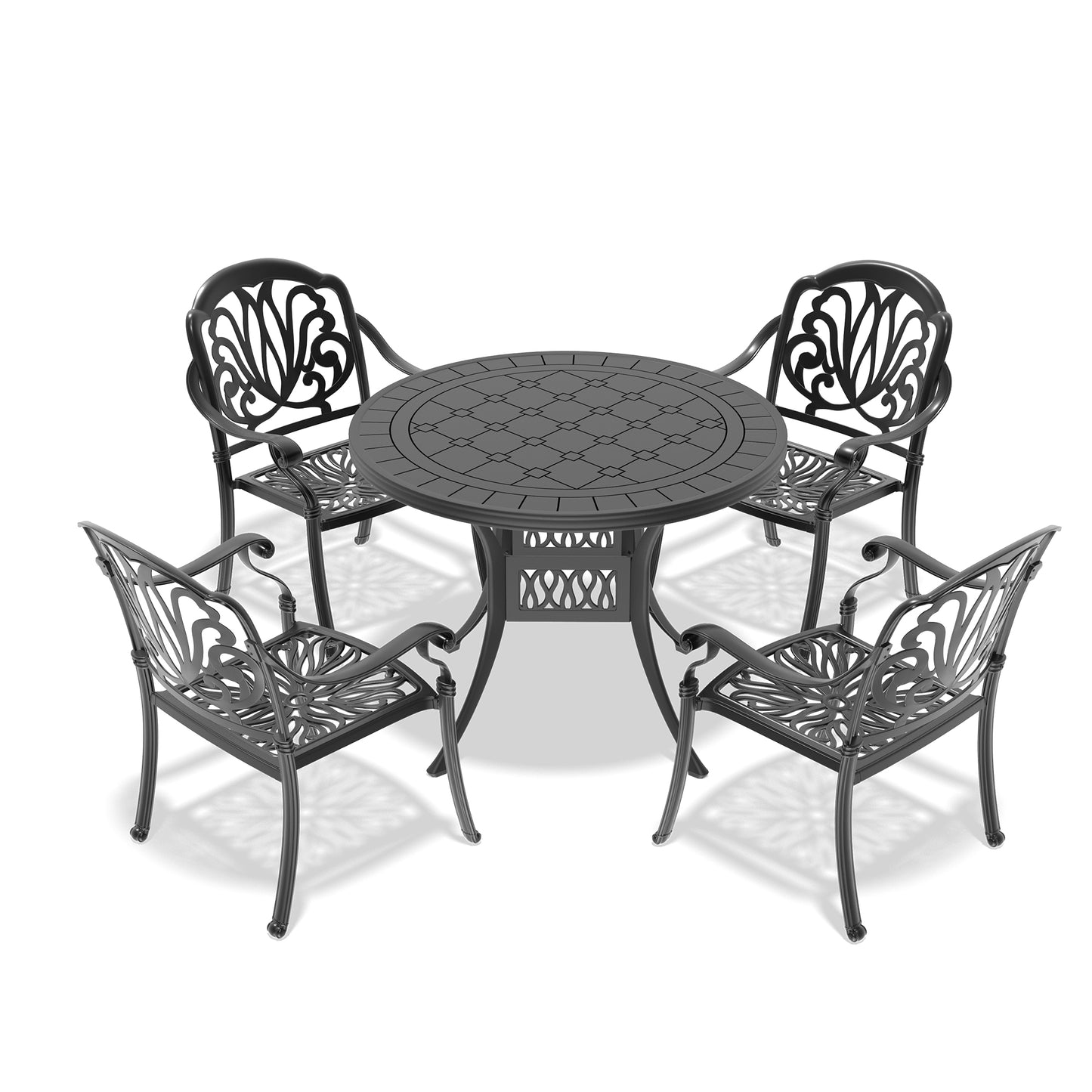 Ornate black cast iron patio dining set with four chairs and round table perfect for outdoor gatherings