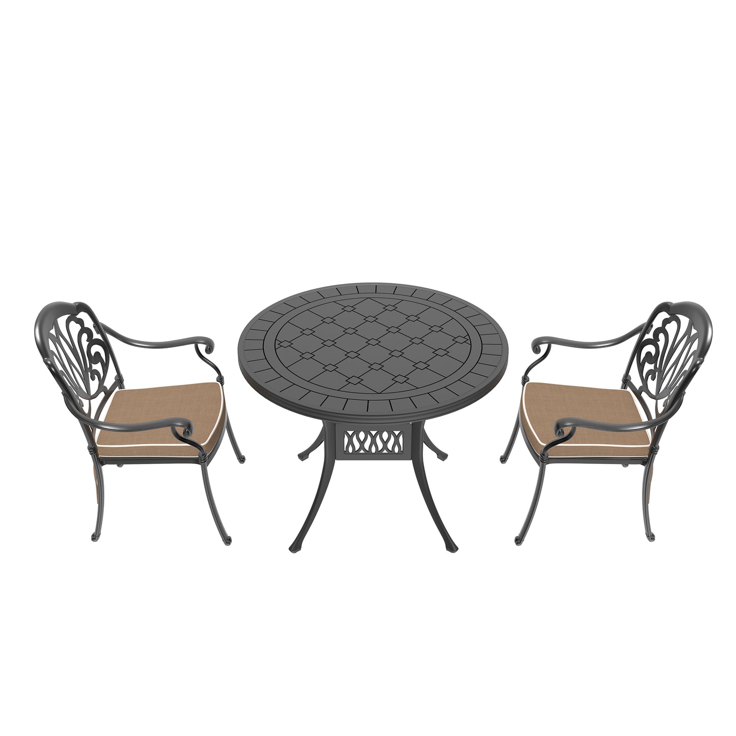 Black cast aluminum outdoor dining set with two chairs and a round table