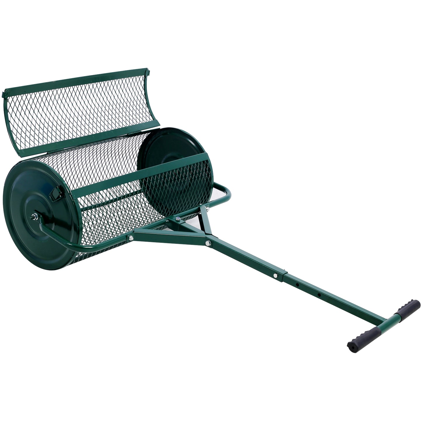 Green metal lawn roller with mesh cage and handle for soil compaction