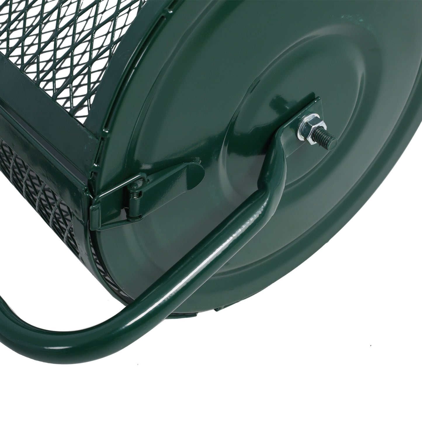 Green metal garden cart wheel closeup with textured mesh basket section