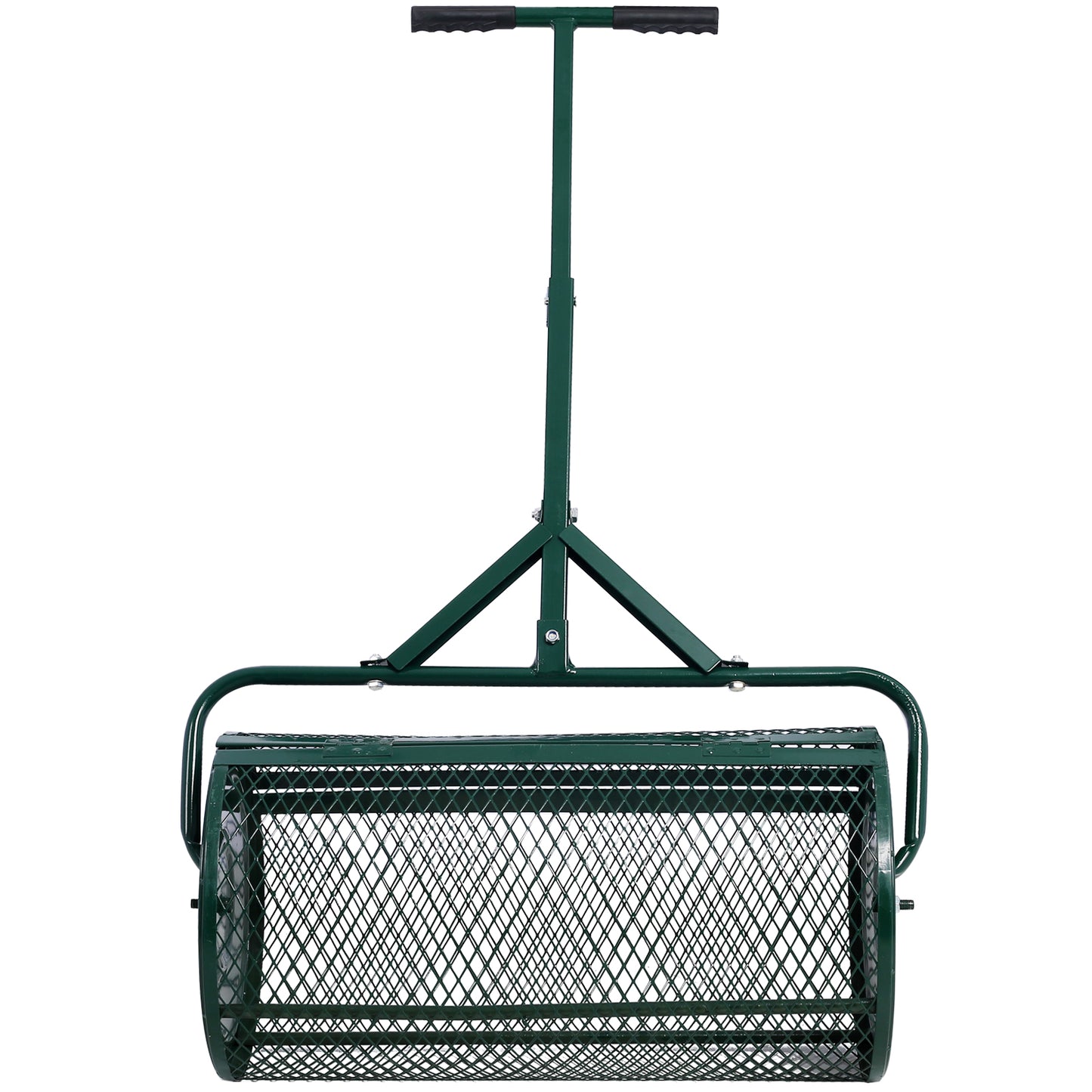 Green metal lawn roller with thandle for easy grass care and yard maintenance