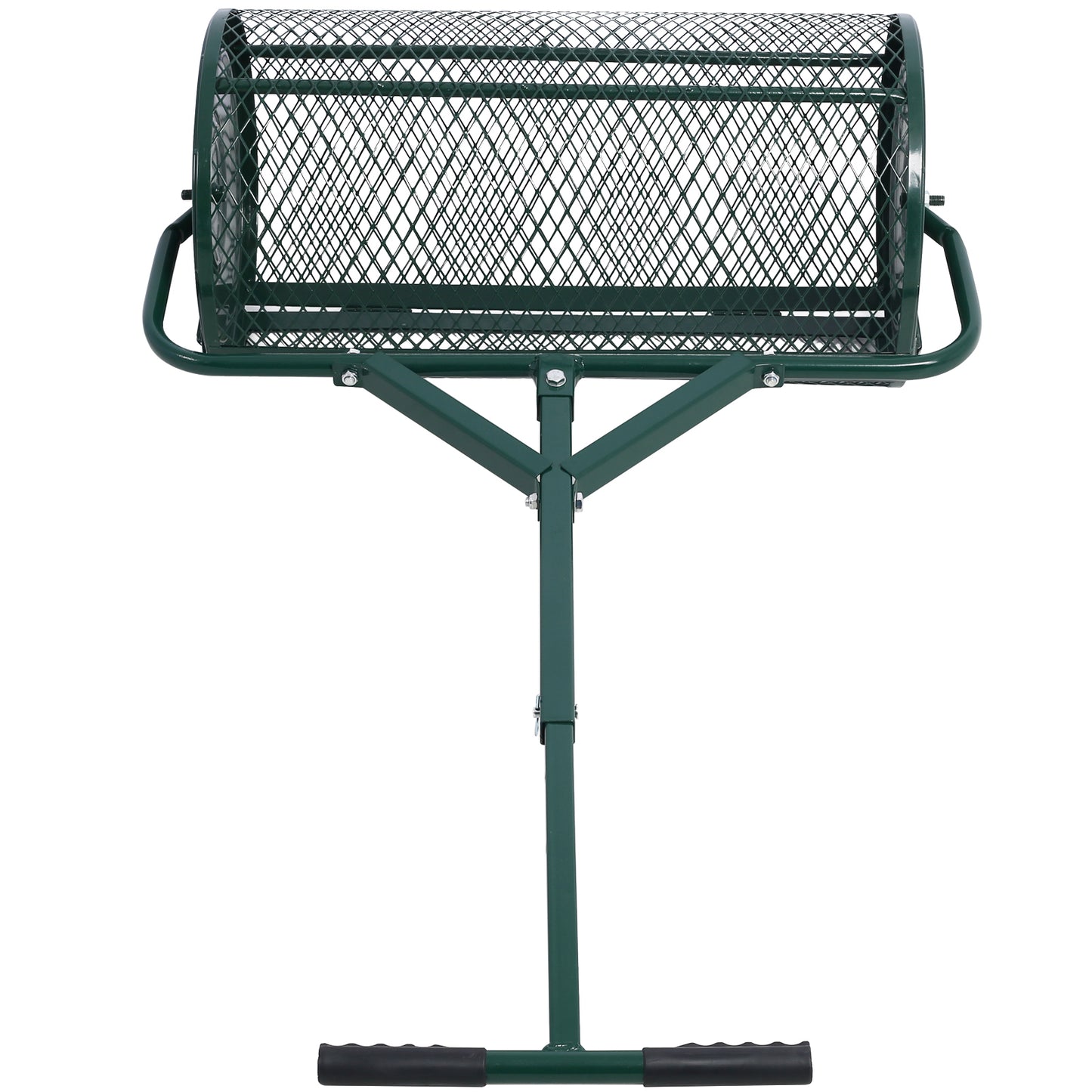 Green metal rolling garden cart with mesh basket and black handles for easy transport
