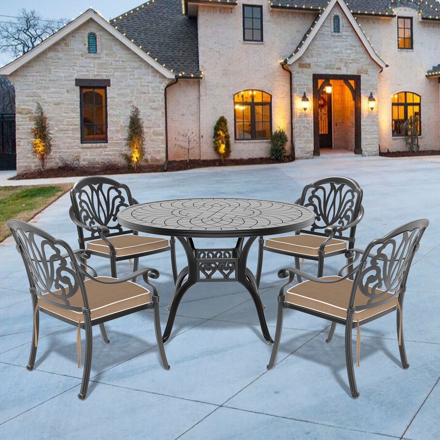 Ornate black cast aluminum patio dining set with beige cushions table and chairs
