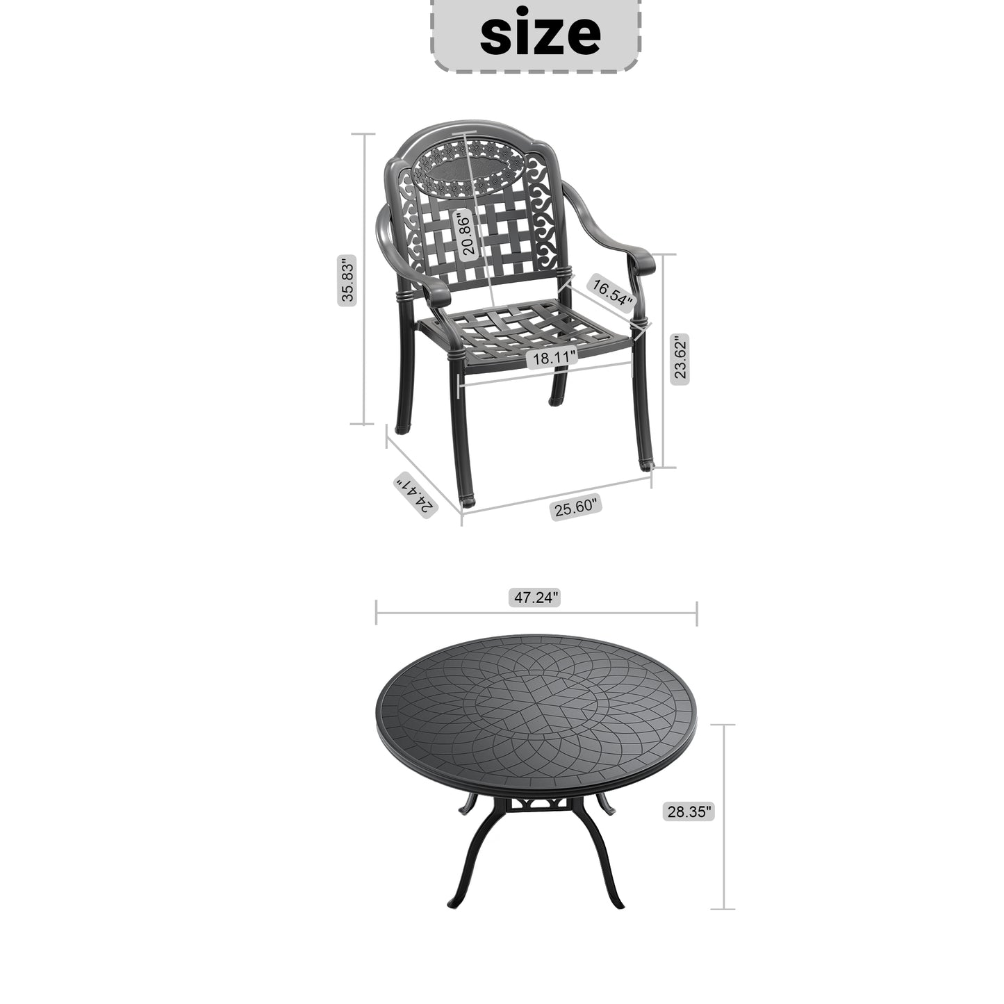 Cast aluminum outdoor chair with intricate scrollwork and woven seat pattern