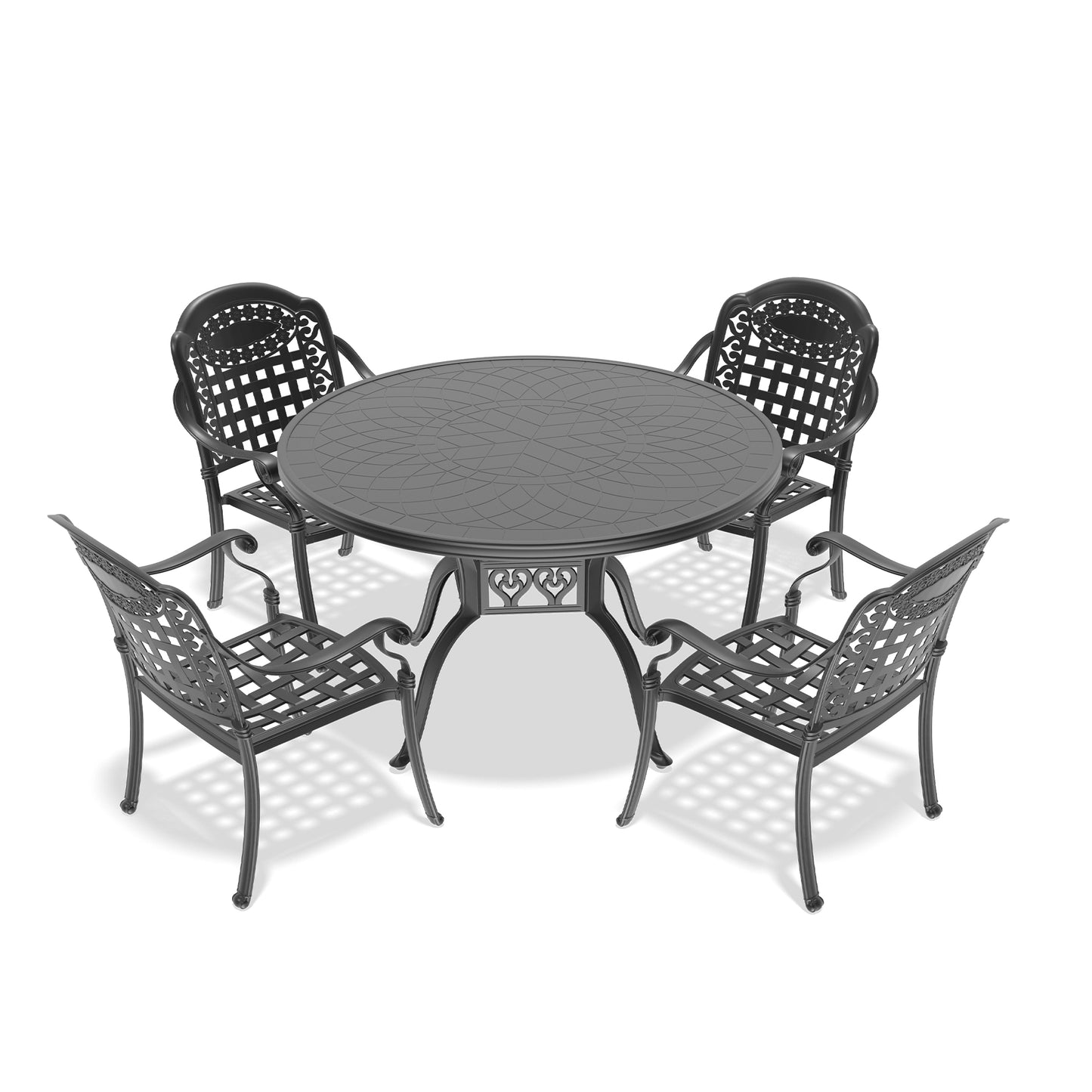 Black wrought iron patio dining set with ornate detailing