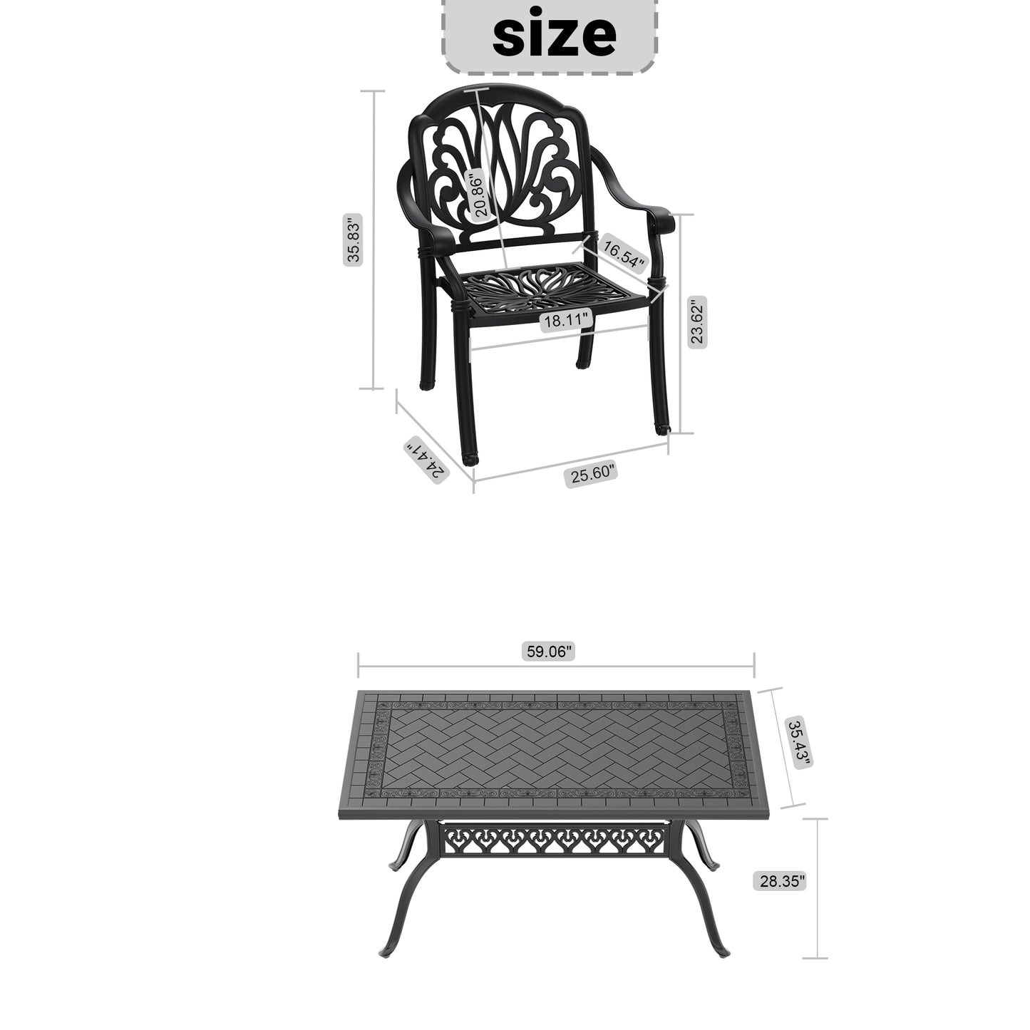 Black ornate cast aluminum patio chair with detailed backrest and seat