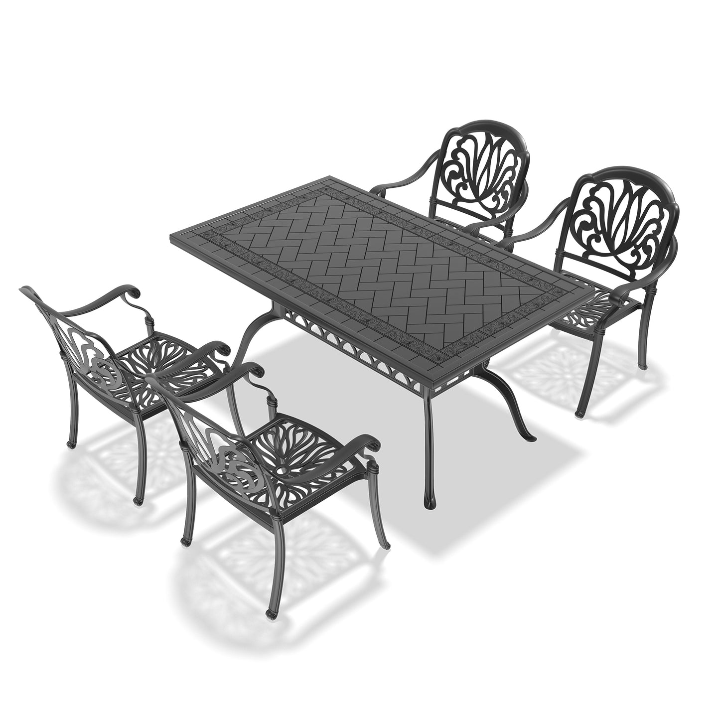 Black cast aluminum patio dining set with ornate scrollwork chairs and herringbone patterned tabletop